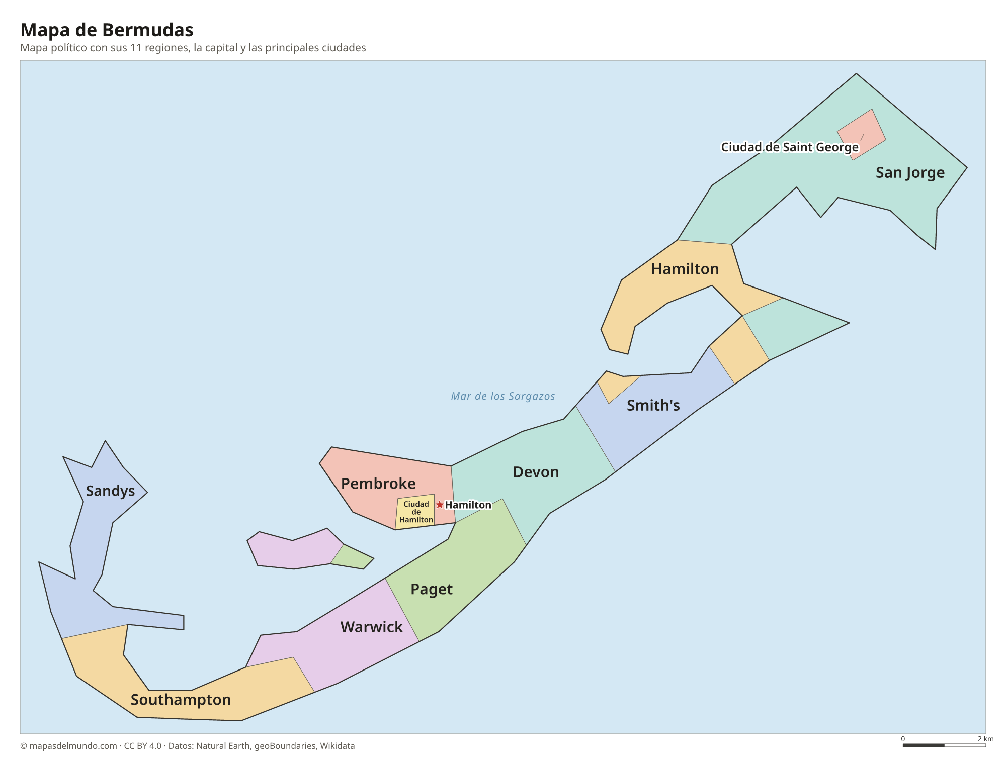 Mapa político de Bermudas con sus regiones y la capital Hamilton