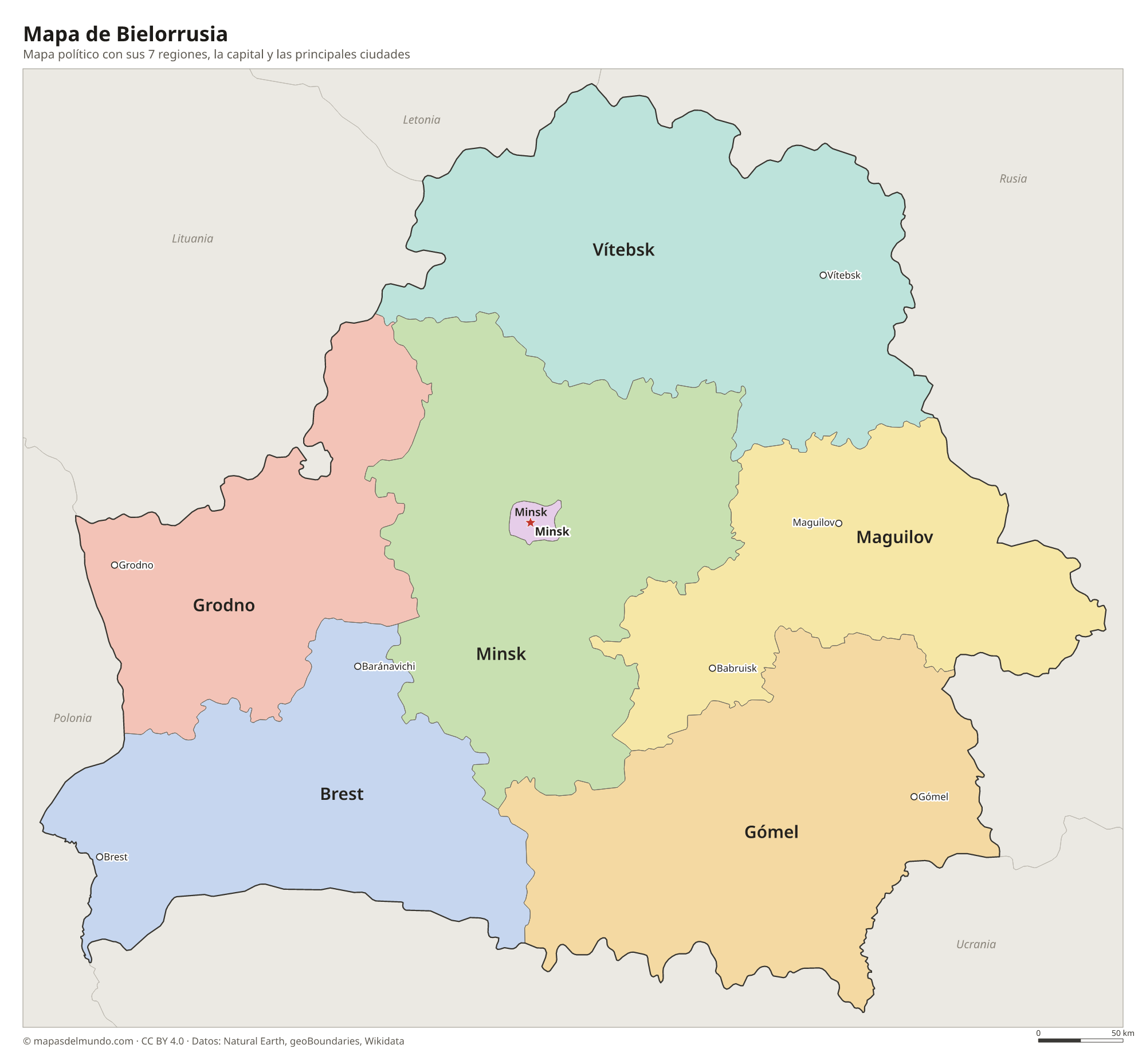 Mapa político de Bielorrusia con sus regiones y la capital Minsk