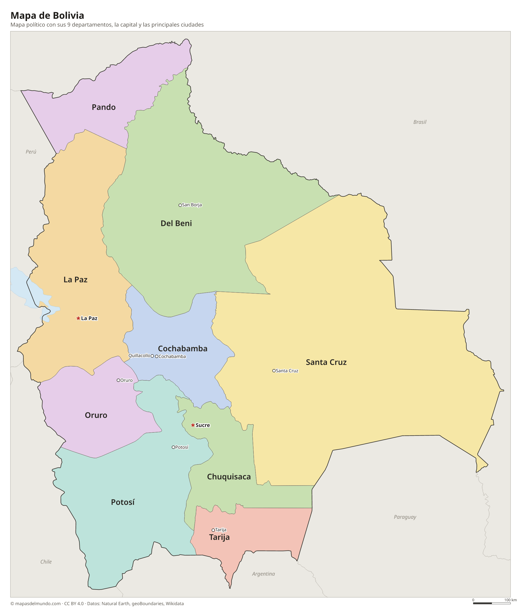 Mapa político de Bolivia con sus departamentos y la capital Sucre y La Paz