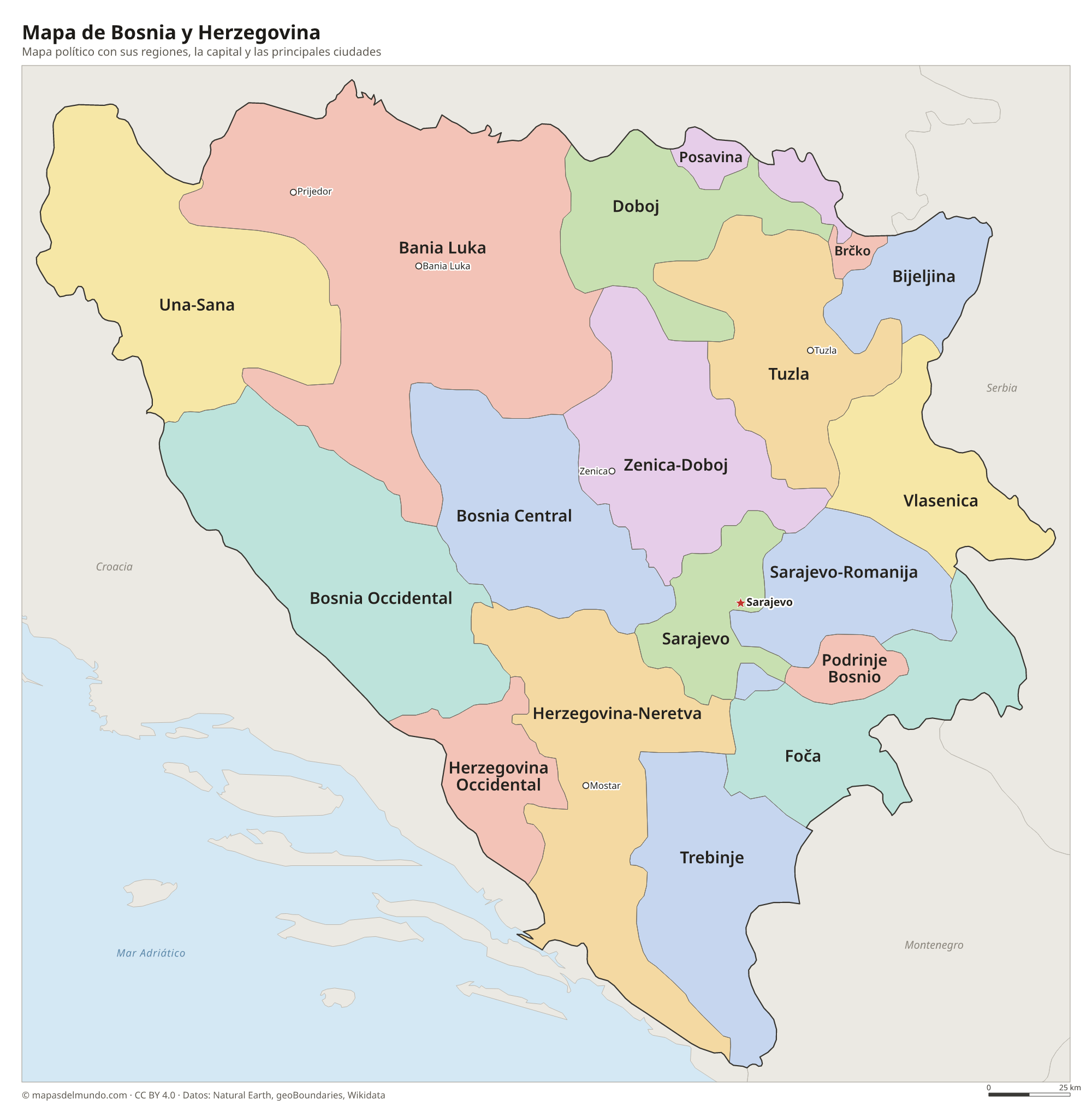Mapa político de Bosnia y Herzegovina con sus regiones y la capital Sarajevo