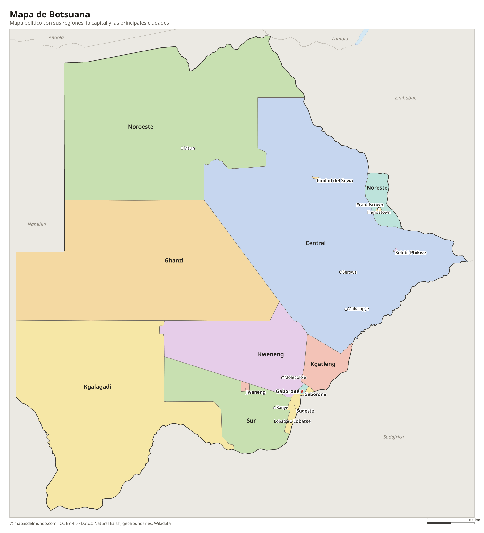 Mapa político de Botsuana con sus regiones y la capital Gaborone