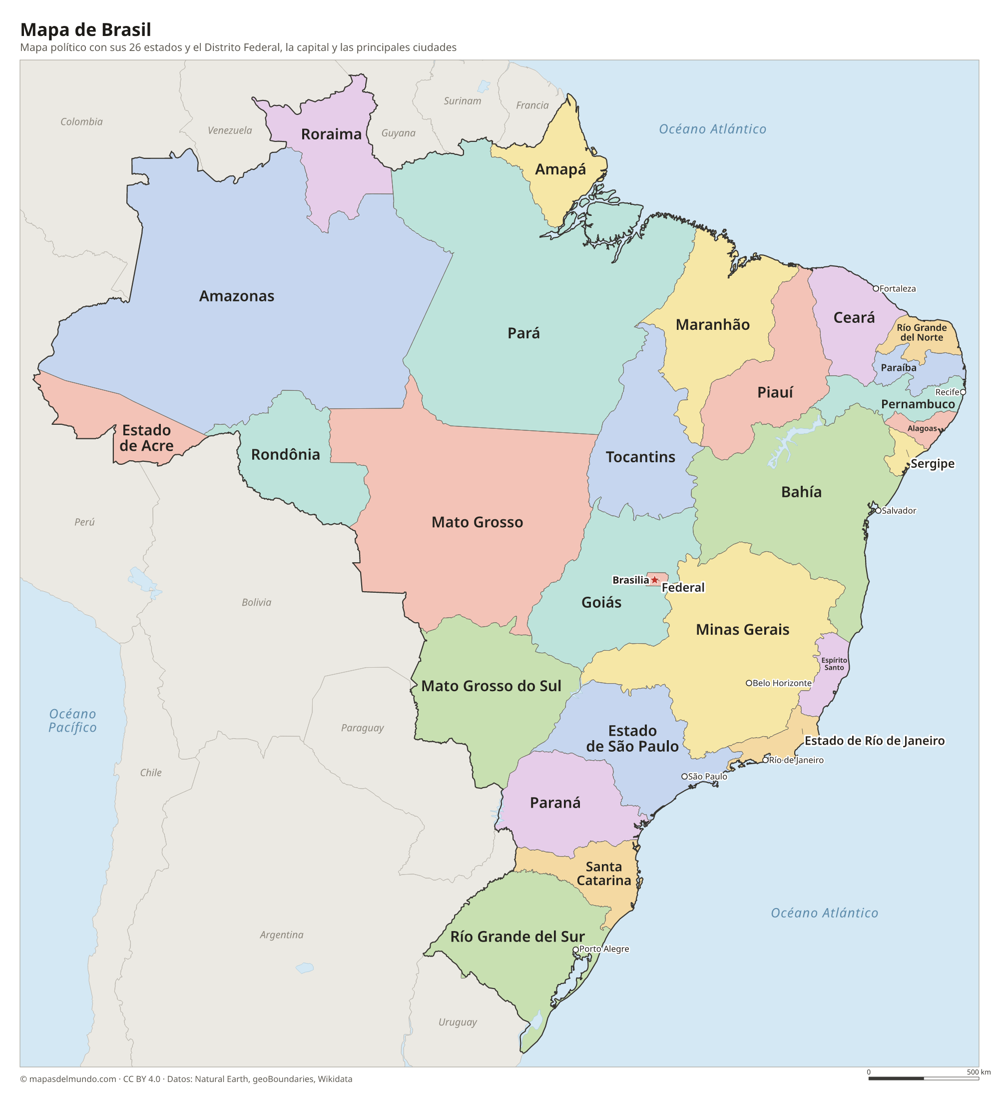 Mapa político de Brasil con sus estados y la capital Brasilia