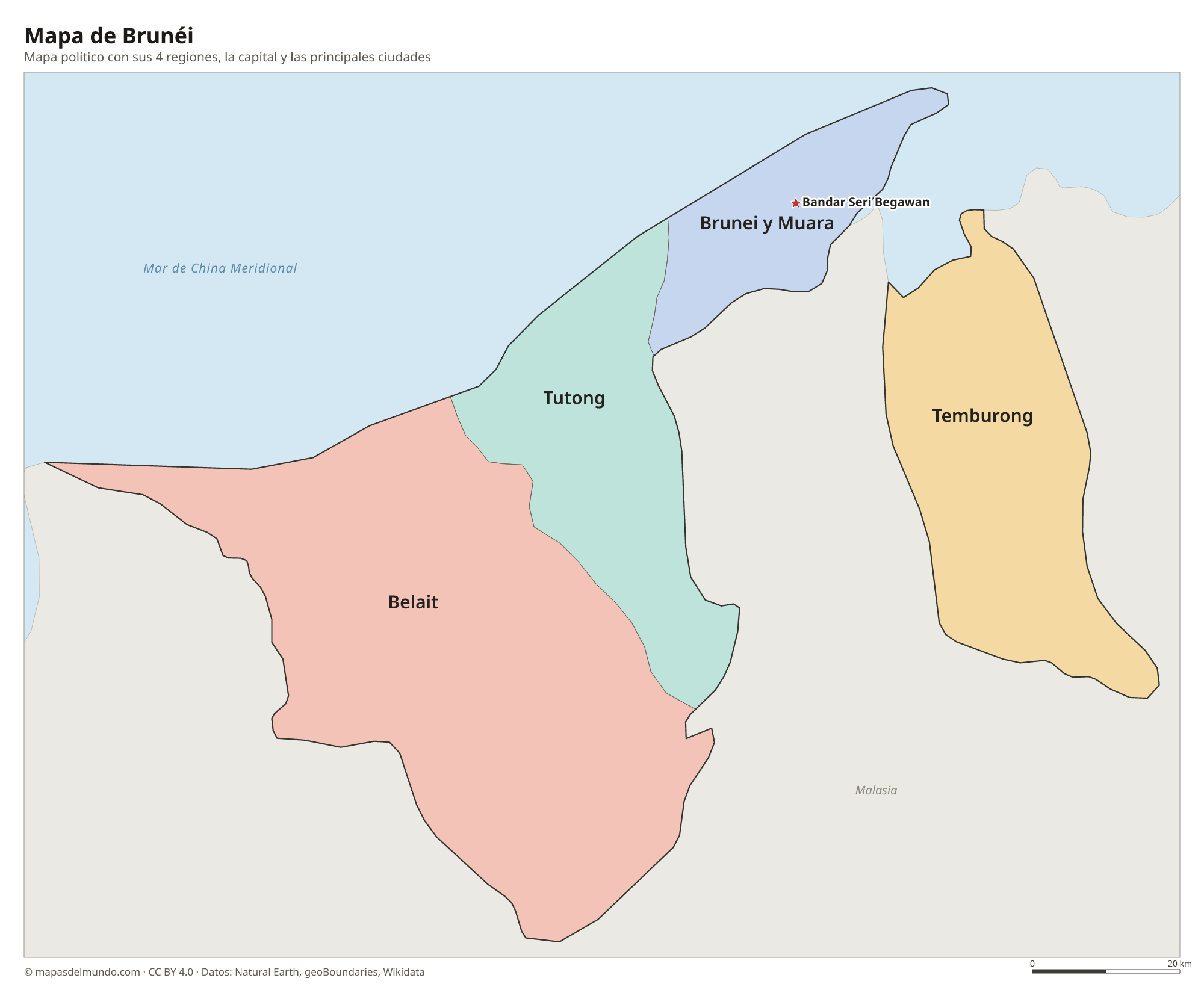 Mapa político de Brunéi con sus regiones y la capital Bandar Seri Begawan