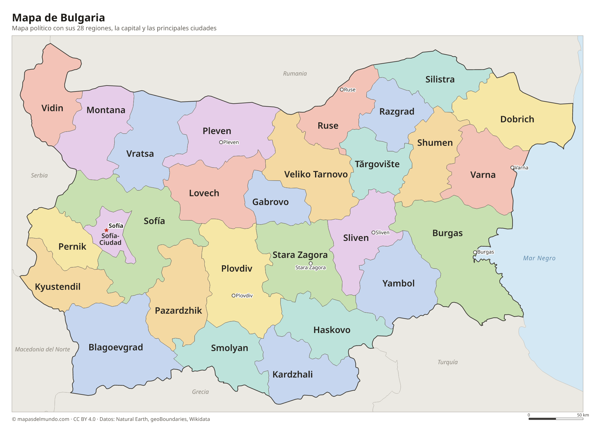 Mapa político de Bulgaria con sus regiones y la capital Sofía