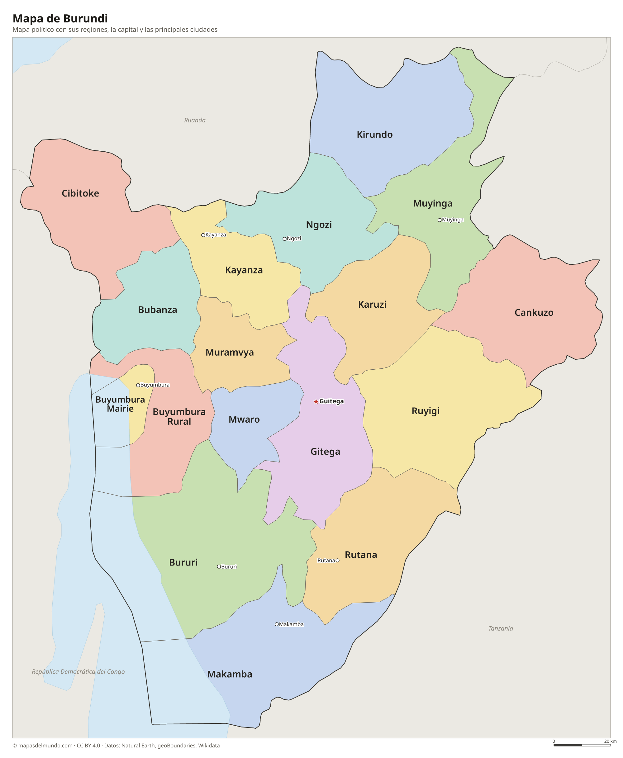 Mapa político de Burundi con sus regiones y la capital Guitega