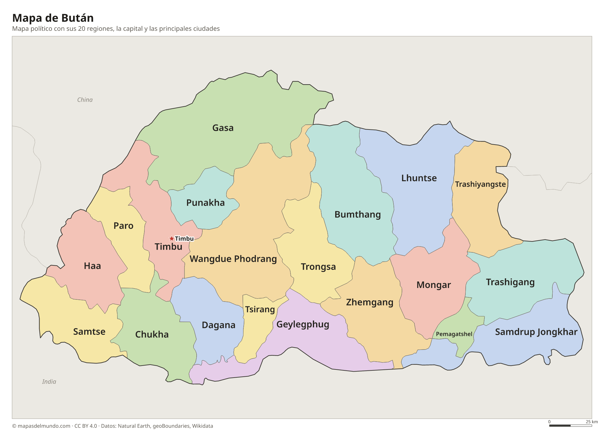 Mapa político de Bután con sus regiones y la capital Timbu