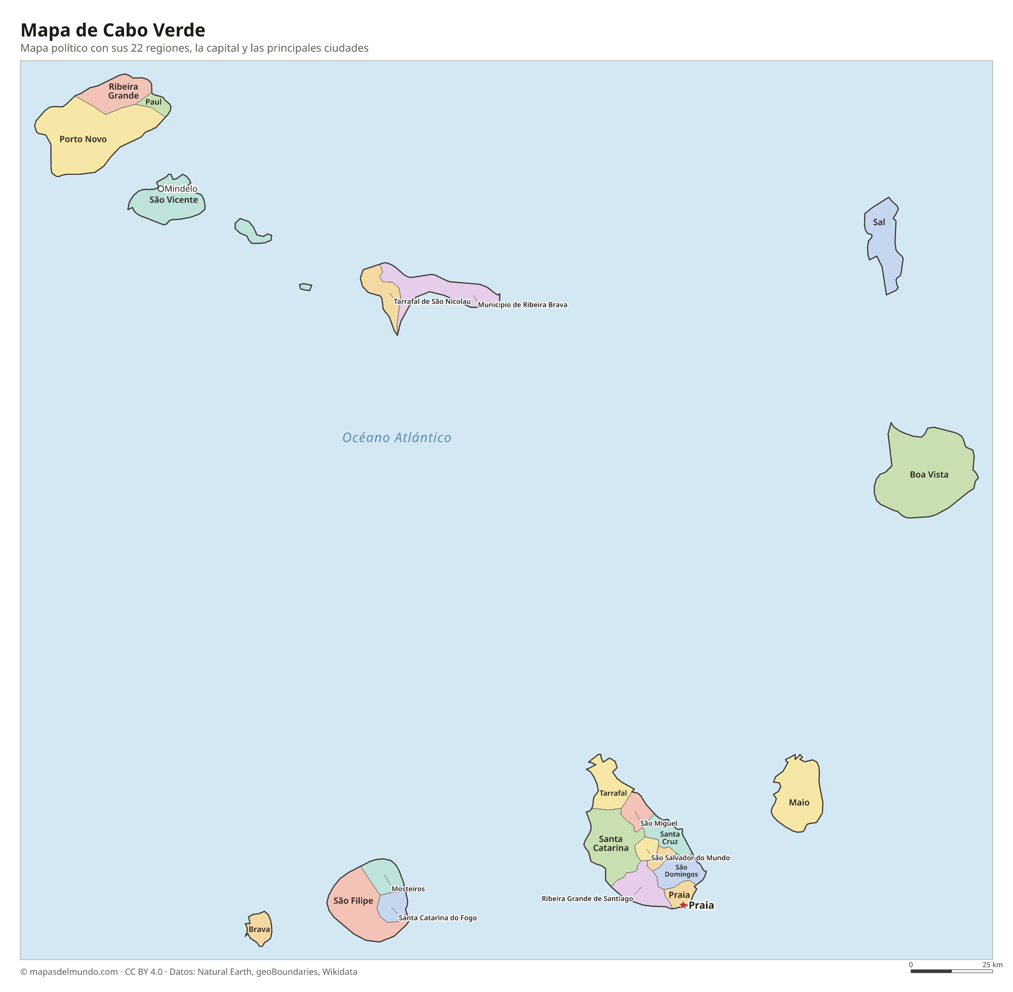 Mapa político de Cabo Verde con sus regiones y la capital Praia