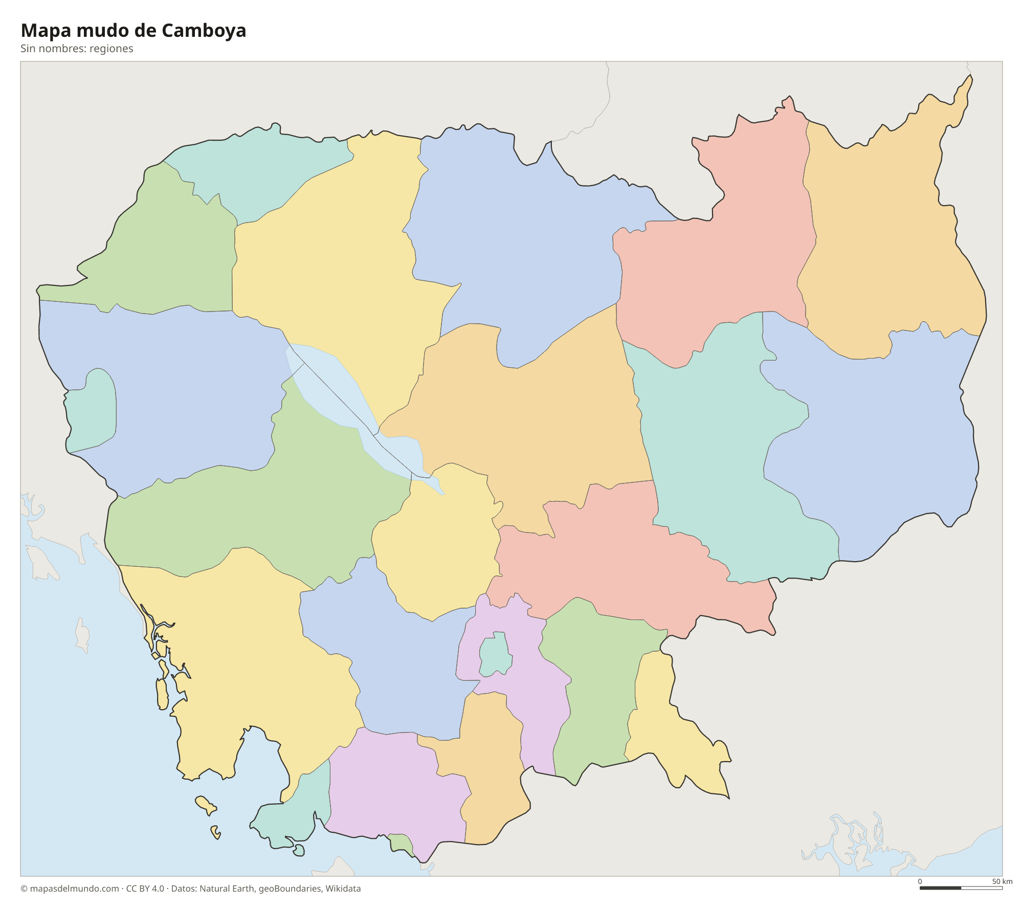 Mapa mudo de Camboya sin nombres
