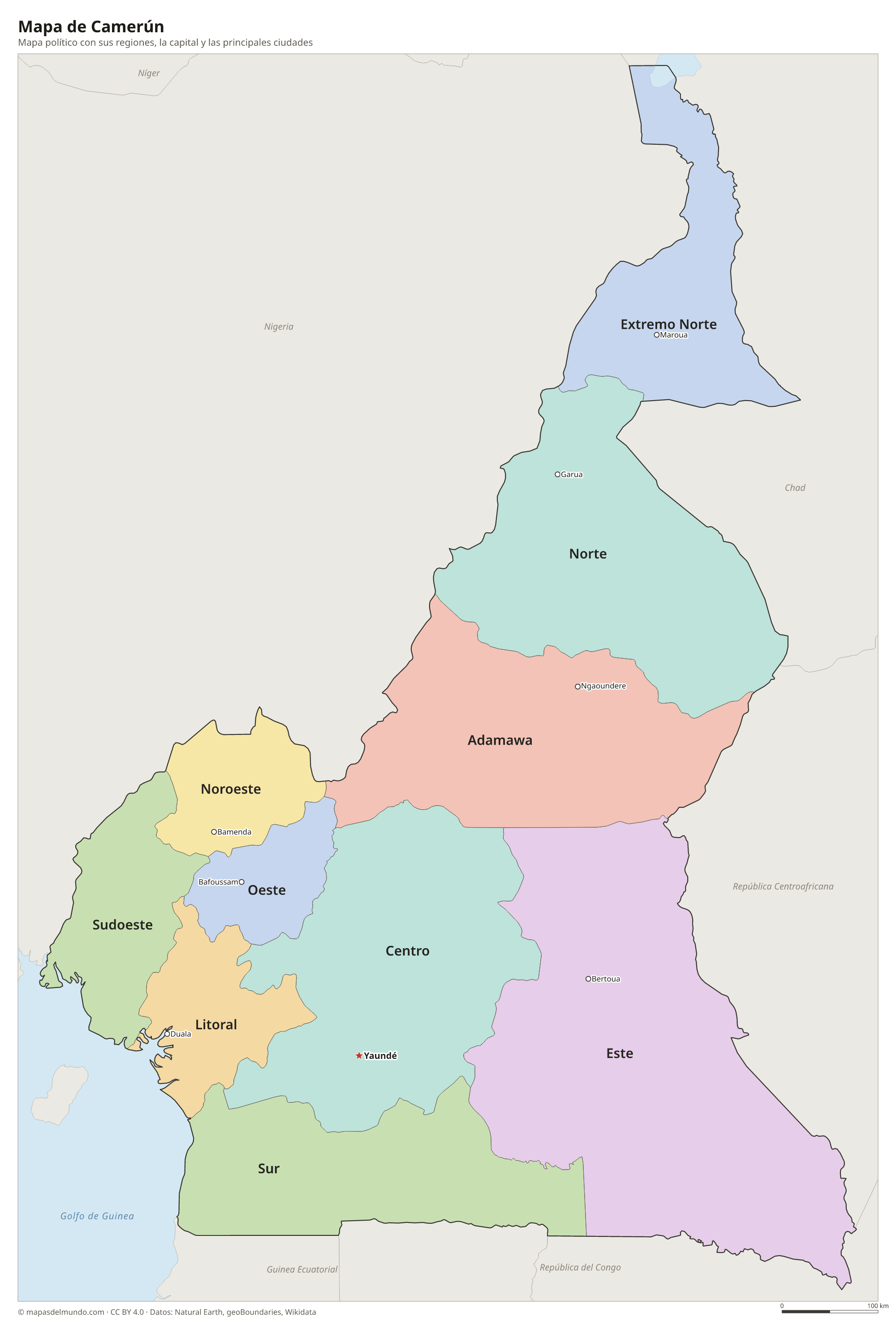 Mapa político de Camerún con sus regiones y la capital Yaundé
