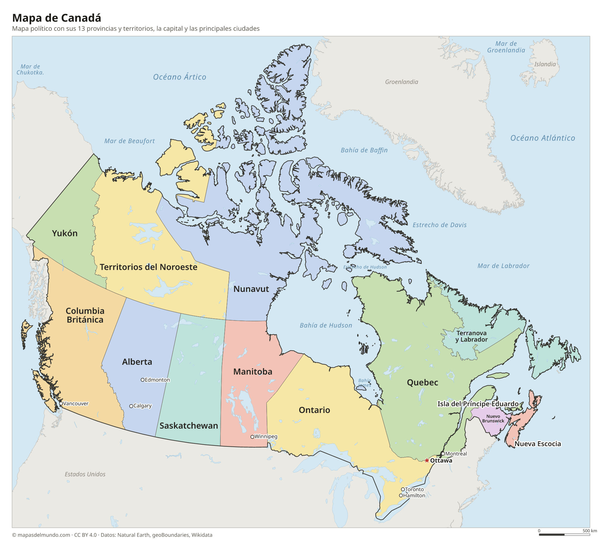Mapa político de Canadá con sus provincias y territorios y la capital Ottawa