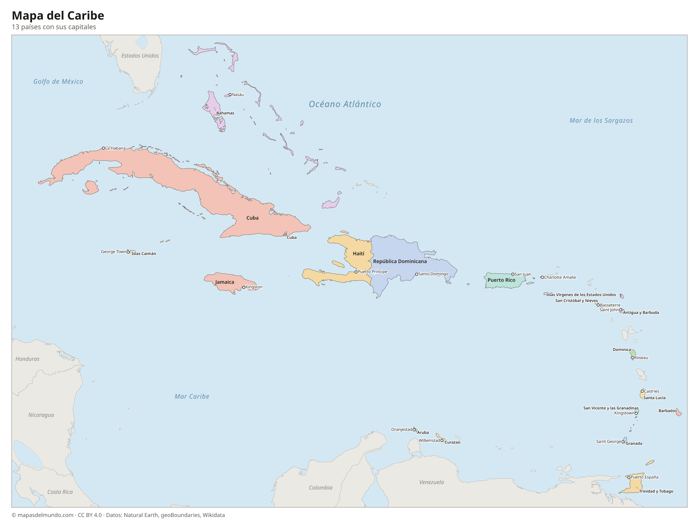 Mapa del el Caribe con los países y sus capitales