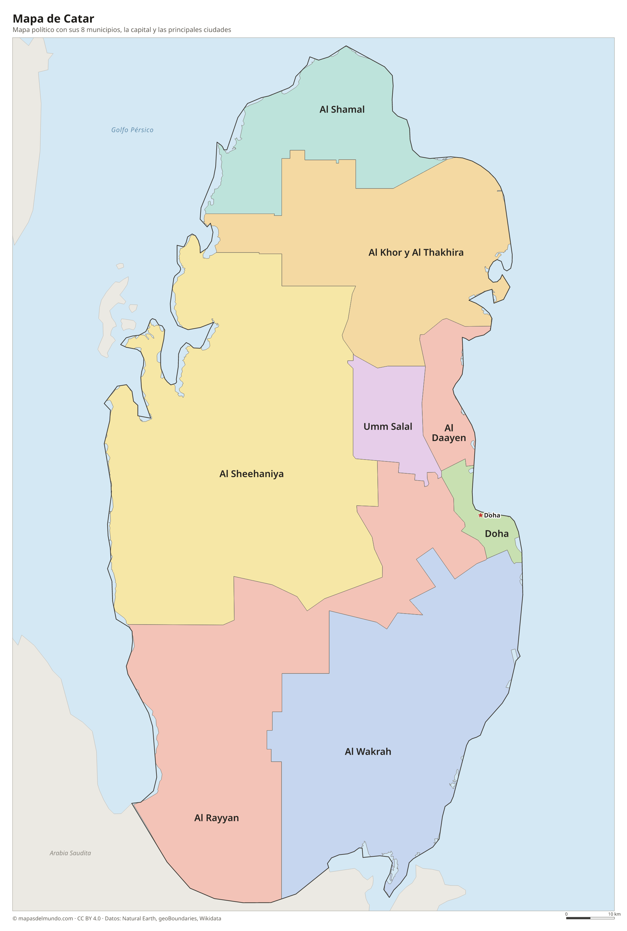 Mapa político de Catar con sus municipios y la capital Doha