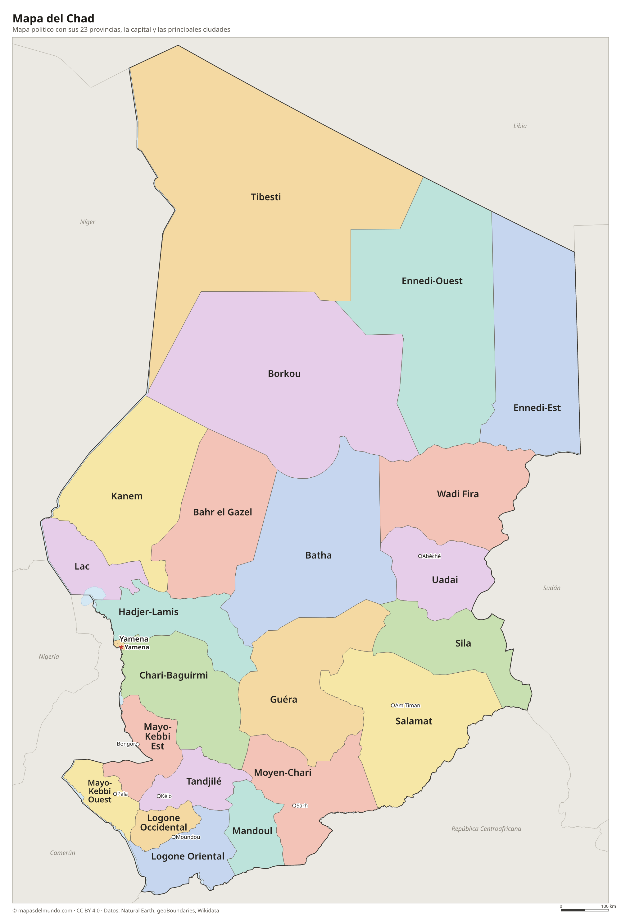 Mapa político del Chad con sus provincias y la capital Yamena