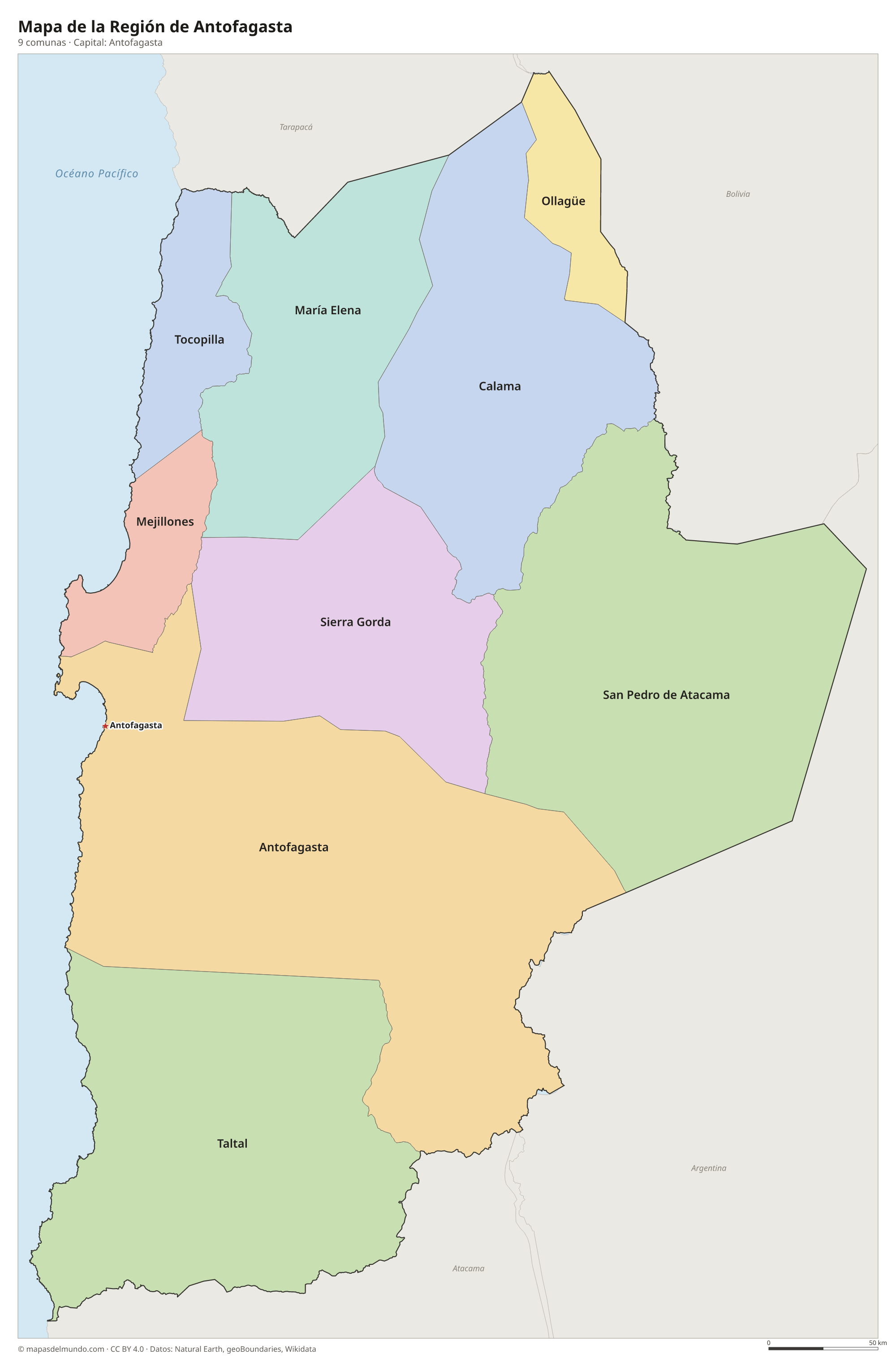 Mapa de la Región de Antofagasta con sus 9 comunas
