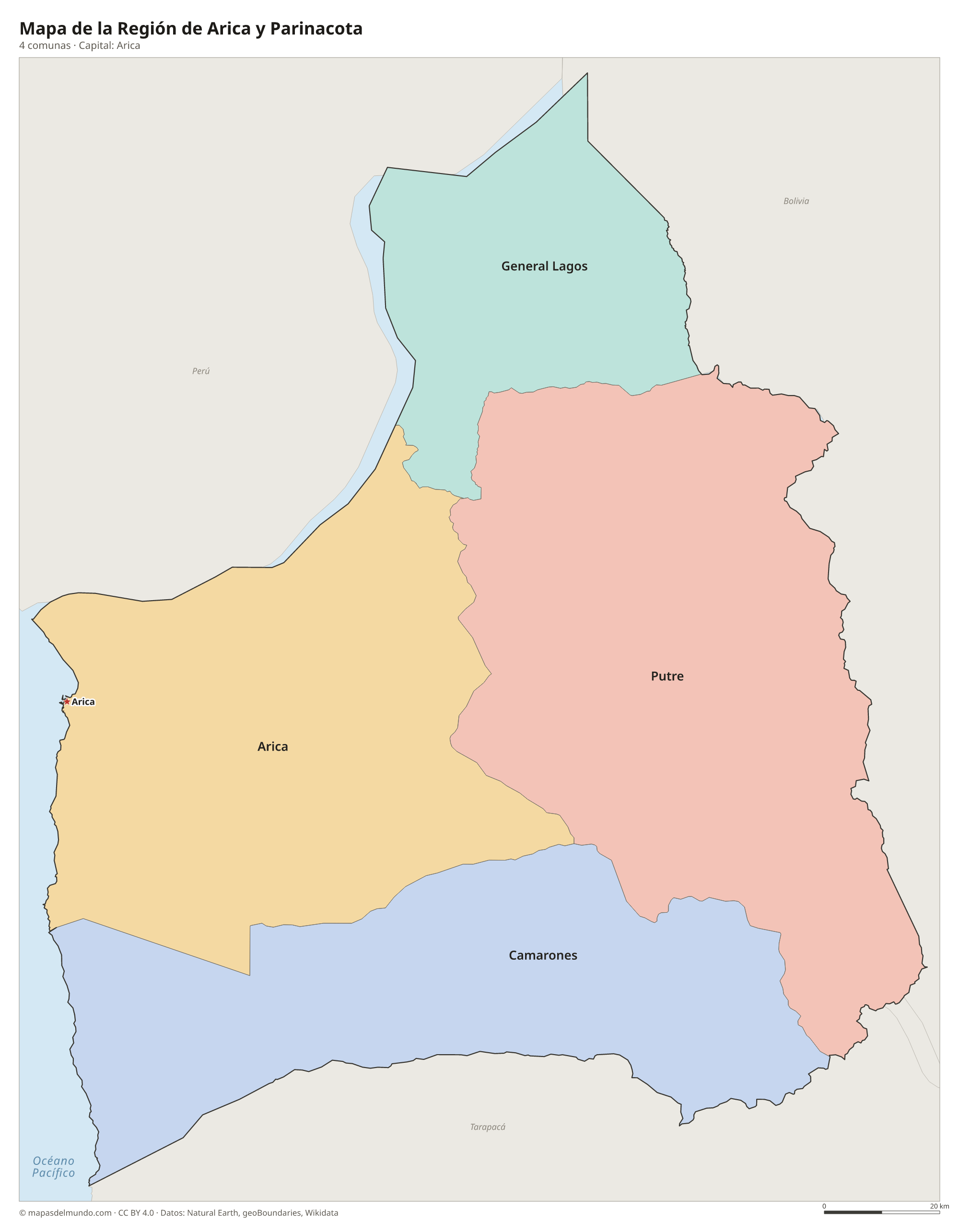 Mapa de la Región de Arica y Parinacota con sus 4 comunas