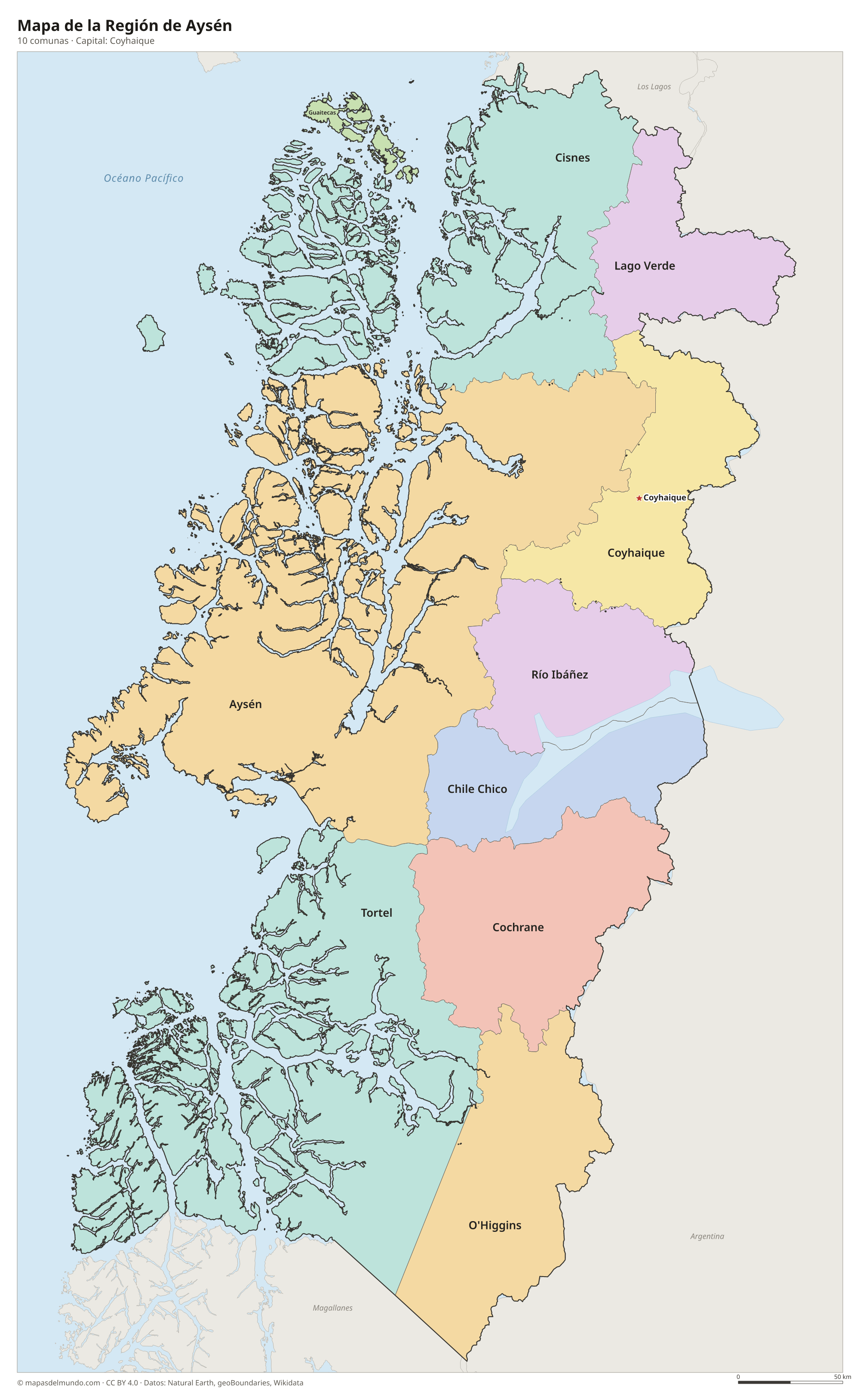 Mapa de la Región de Aysén con sus 10 comunas