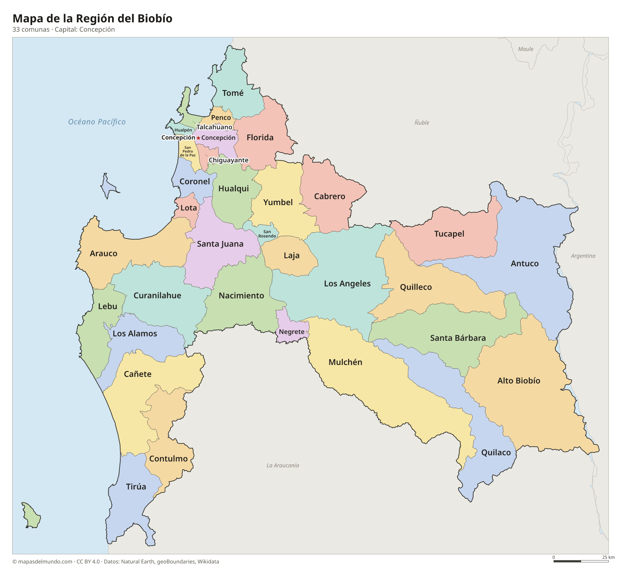 Mapa de la Región del Biobío con sus 33 comunas