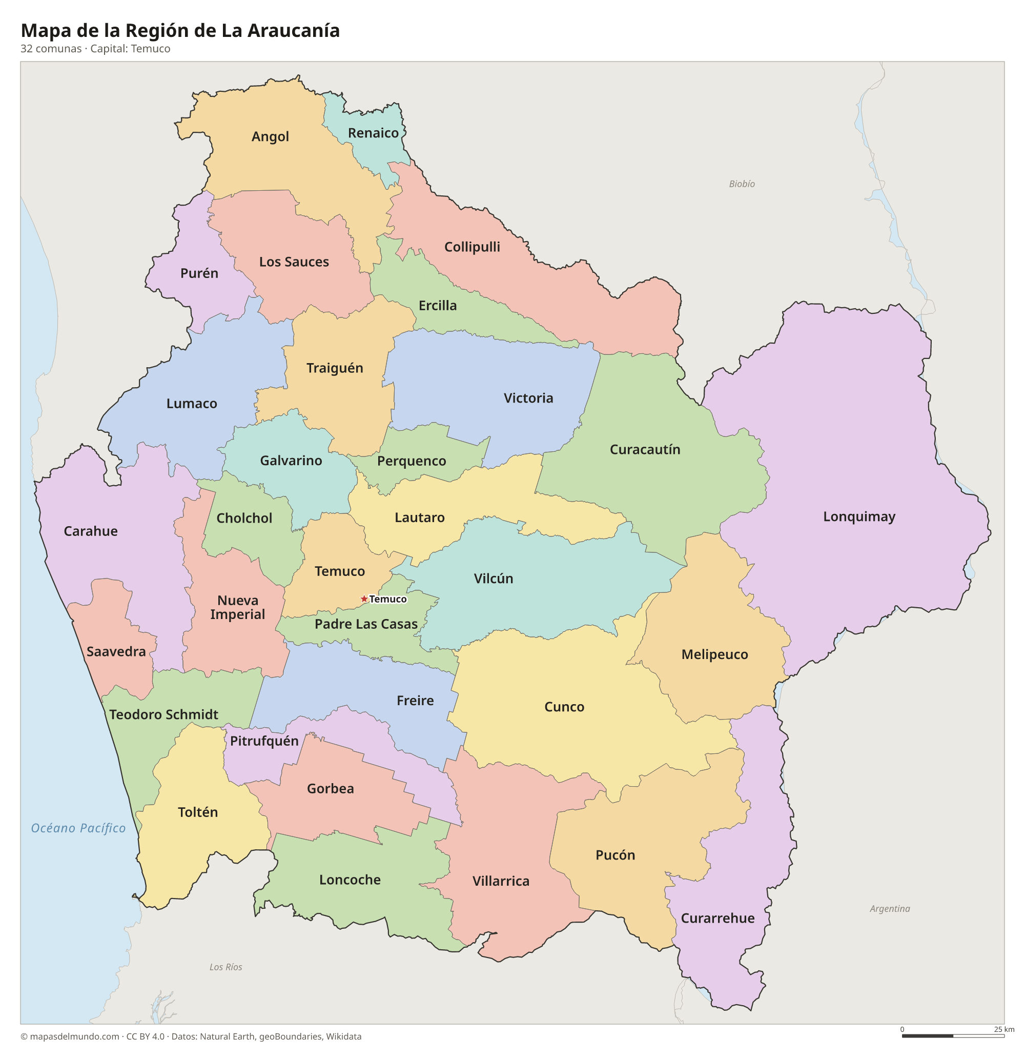 Mapa de la Región de La Araucanía con sus 32 comunas