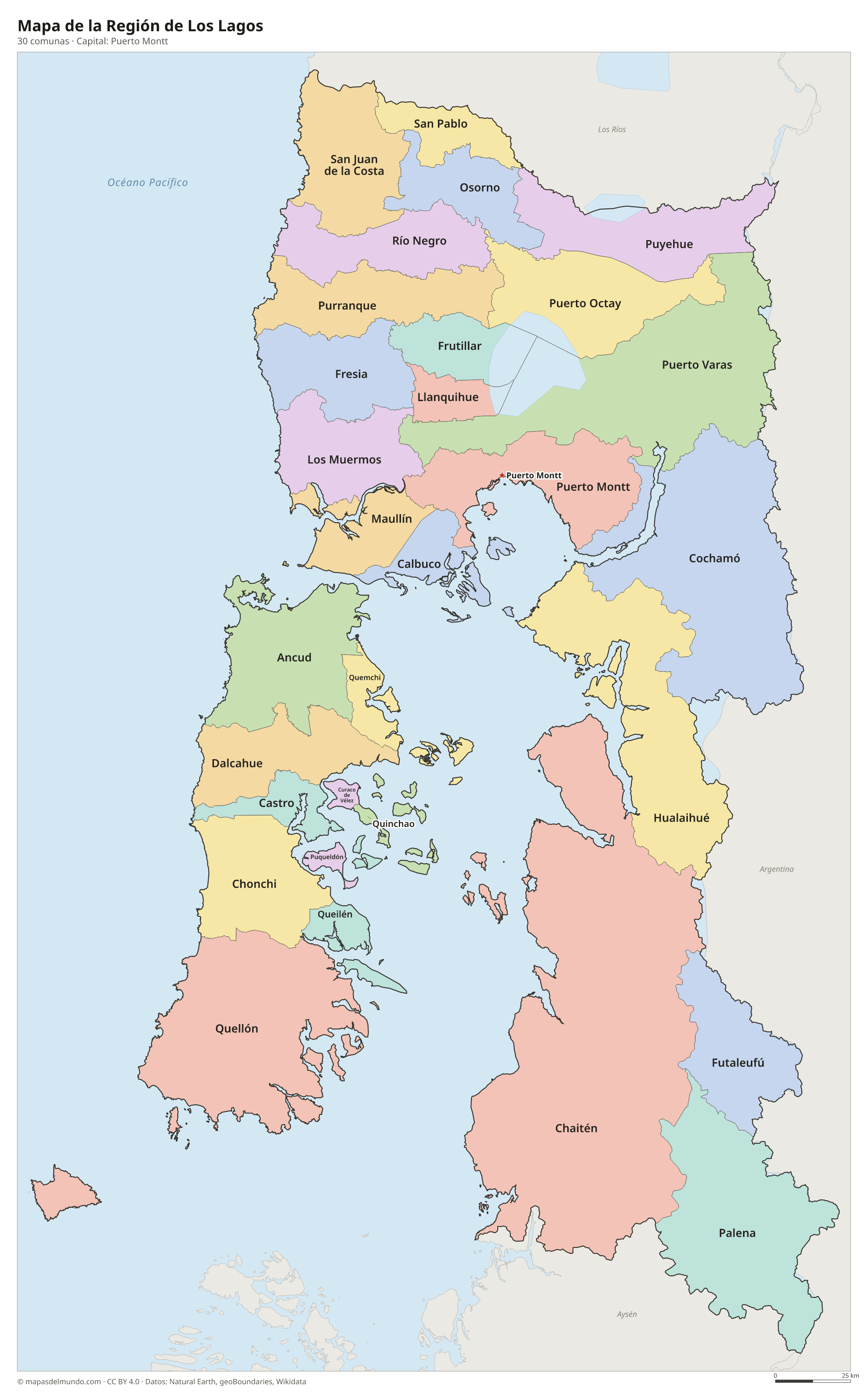 Mapa de la Región de Los Lagos con sus 30 comunas