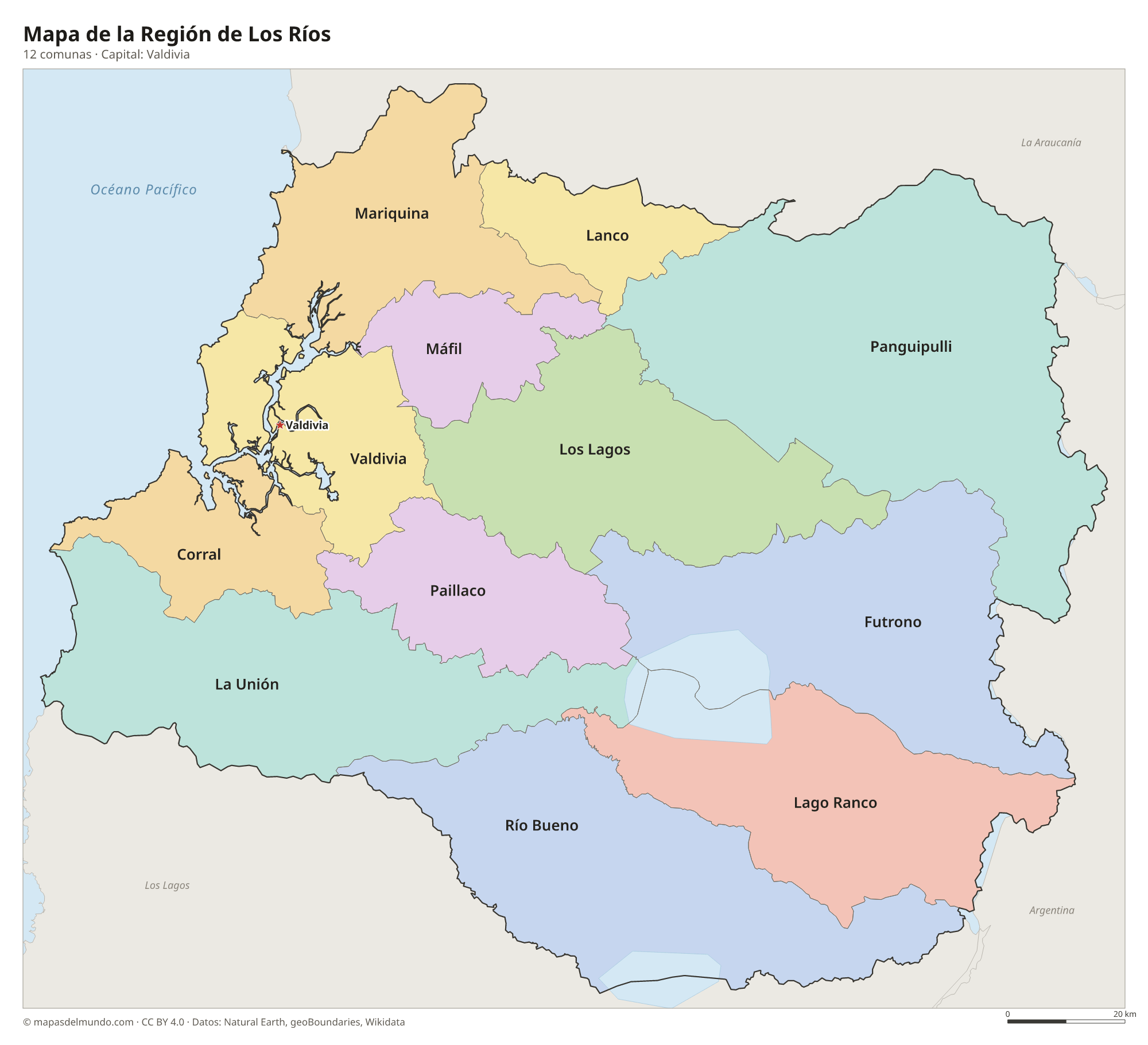 Mapa de la Región de Los Ríos con sus 12 comunas