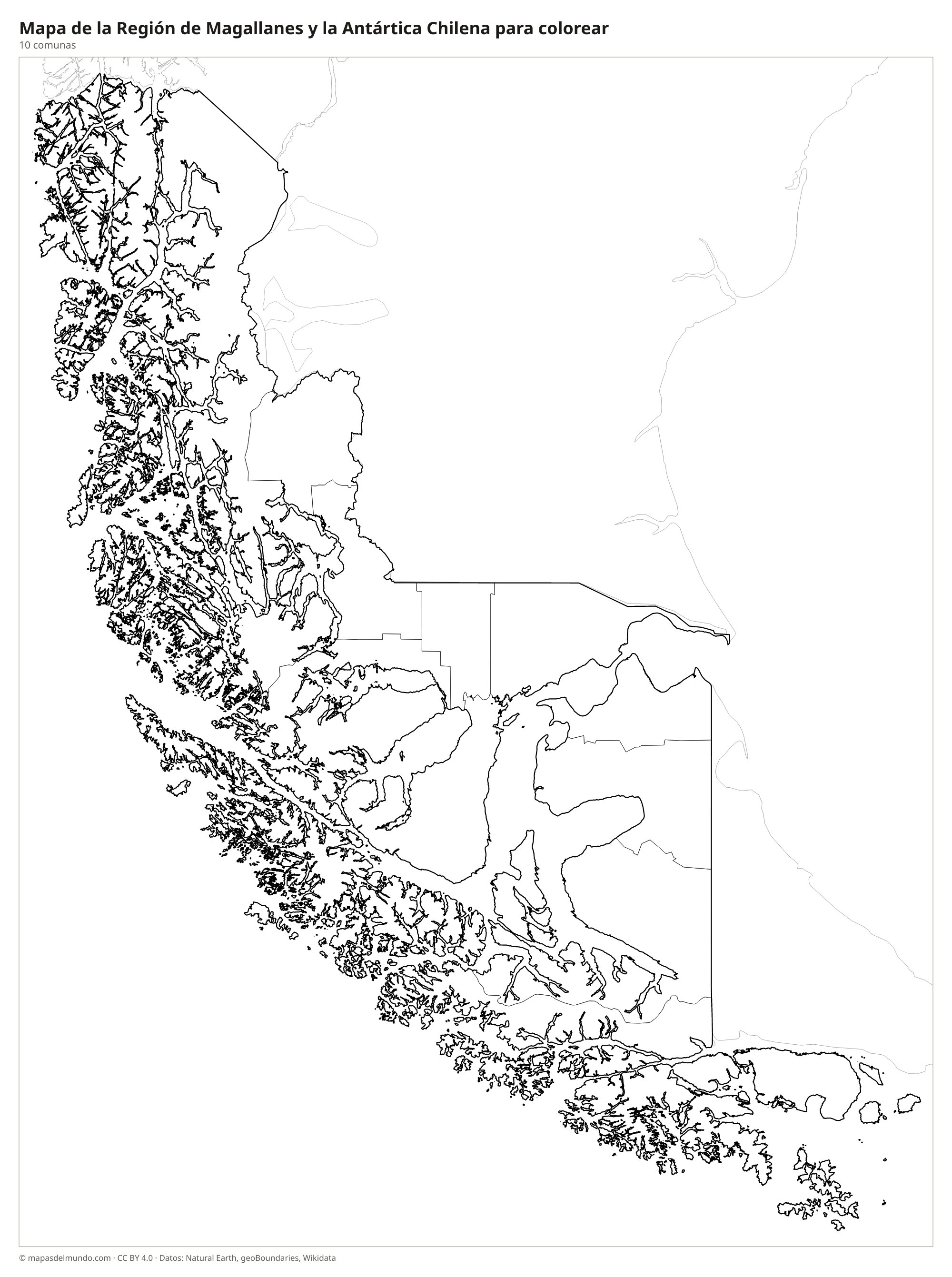 Mapa de la Región de Magallanes y la Antártica Chilena para colorear
