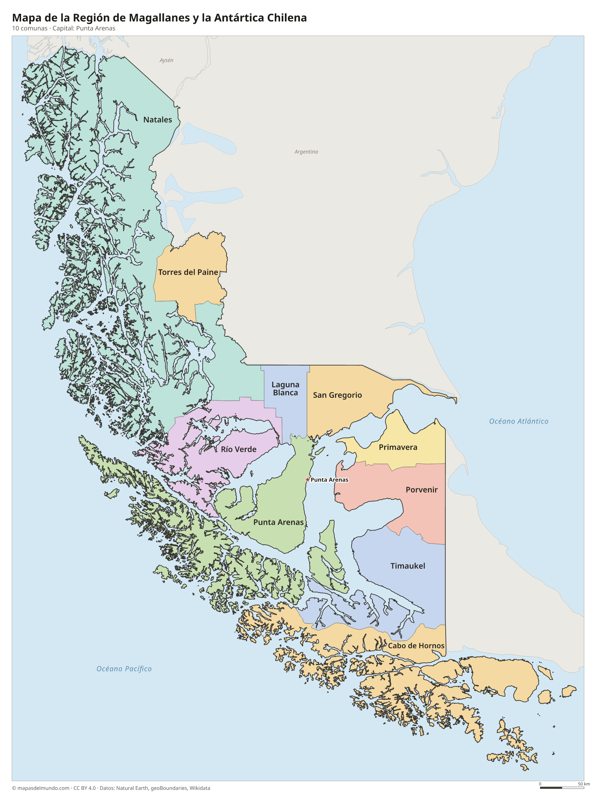 Mapa de la Región de Magallanes y la Antártica Chilena con sus 10 comunas