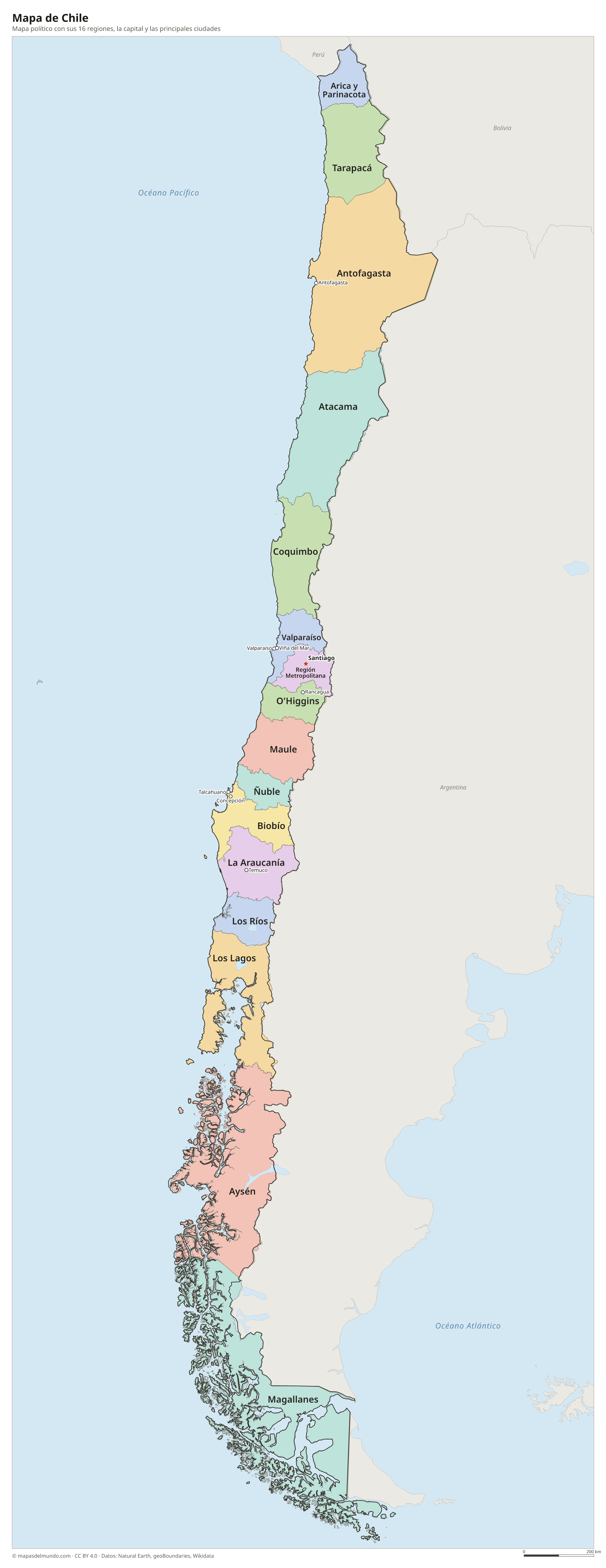 Mapa político de Chile con sus regiones y la capital Santiago