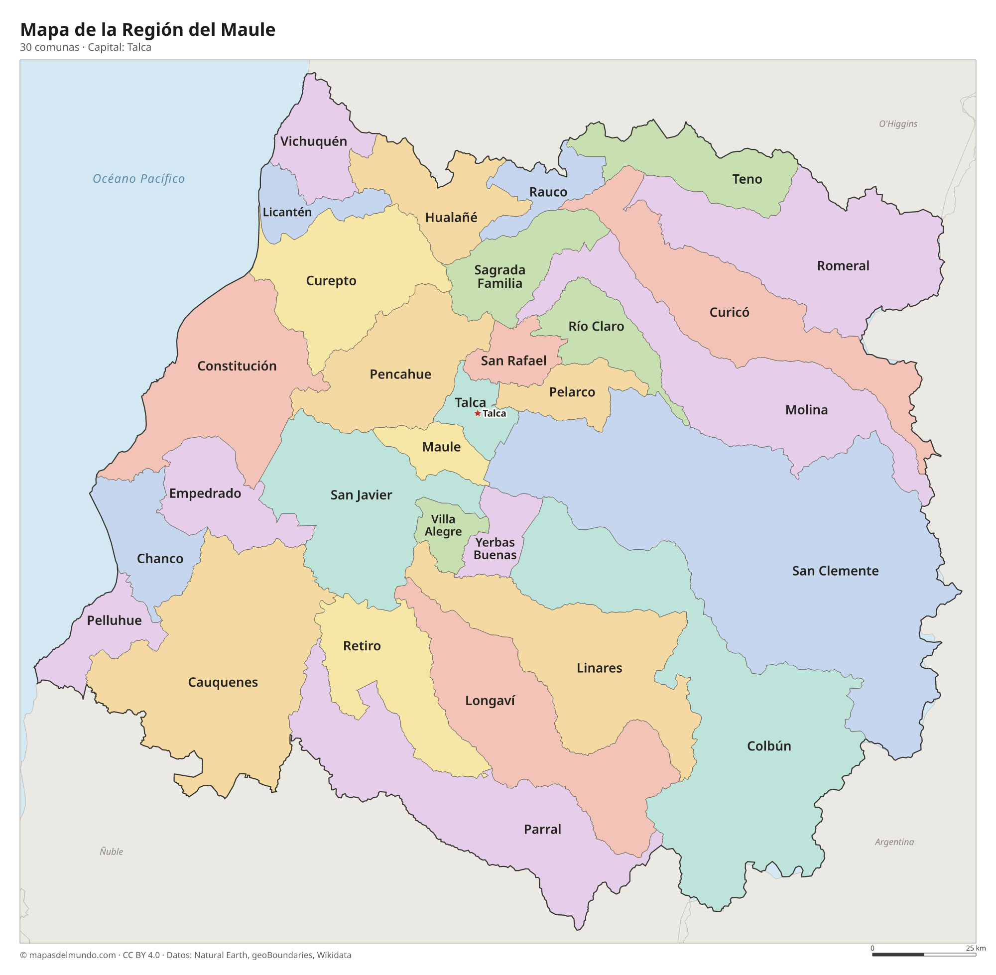 Mapa de la Región del Maule con sus 30 comunas