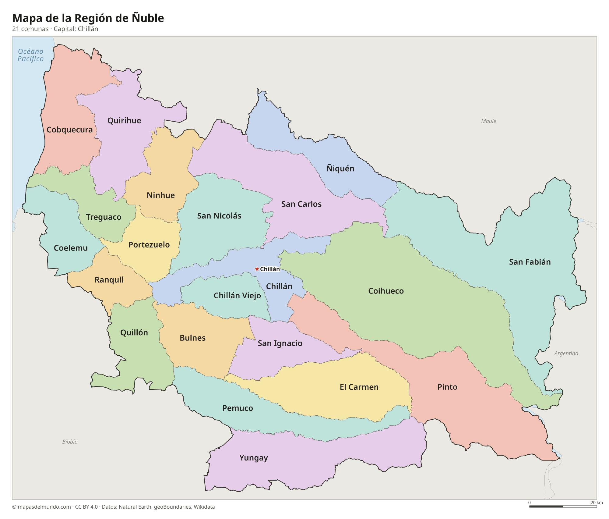 Mapa de la Región de Ñuble con sus 21 comunas