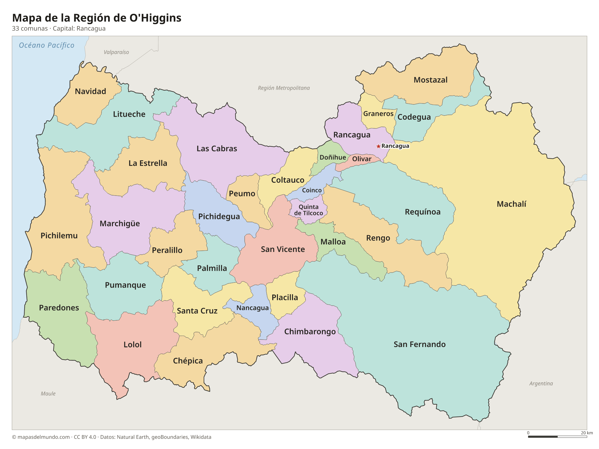 Mapa de la Región de O'Higgins con sus 33 comunas
