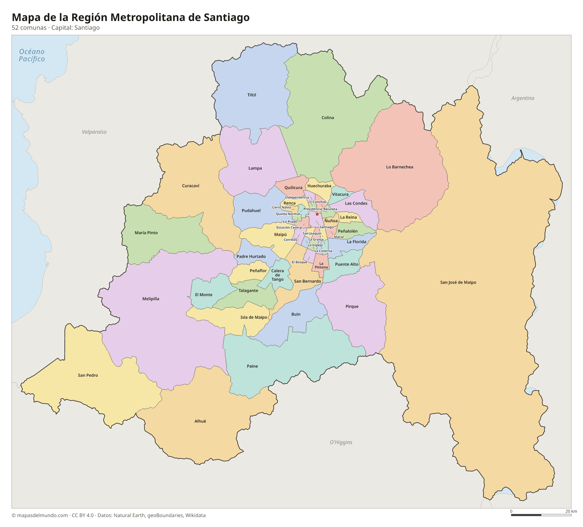 Mapa de la Región Metropolitana de Santiago con sus 52 comunas