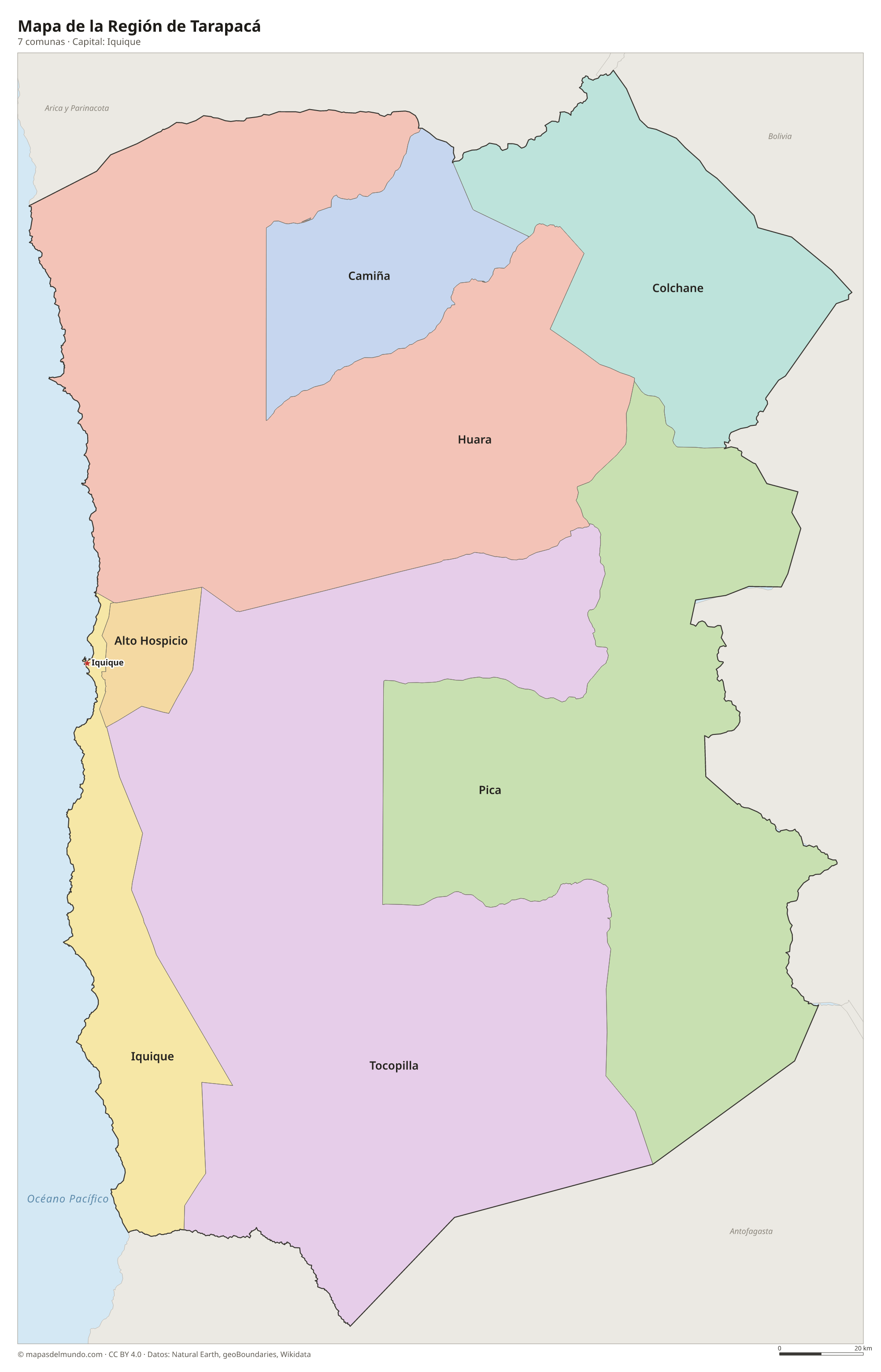 Mapa de la Región de Tarapacá con sus 7 comunas