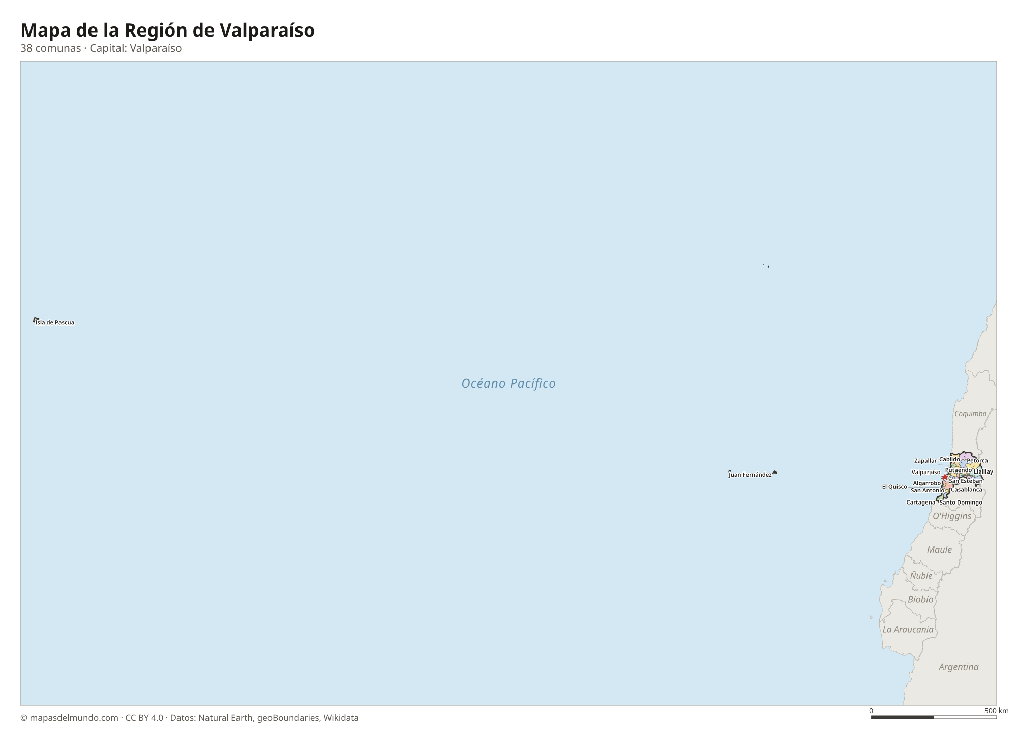 Mapa de la Región de Valparaíso con sus 38 comunas