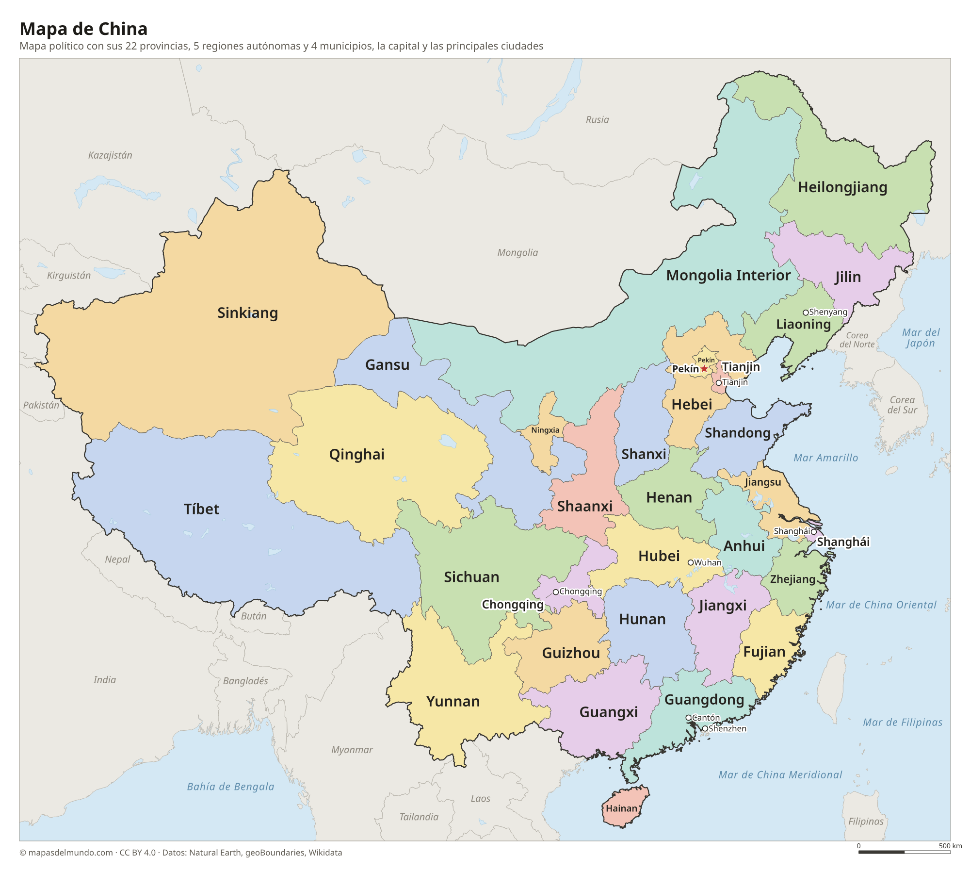 Mapa político de China con sus provincias y la capital Pekín