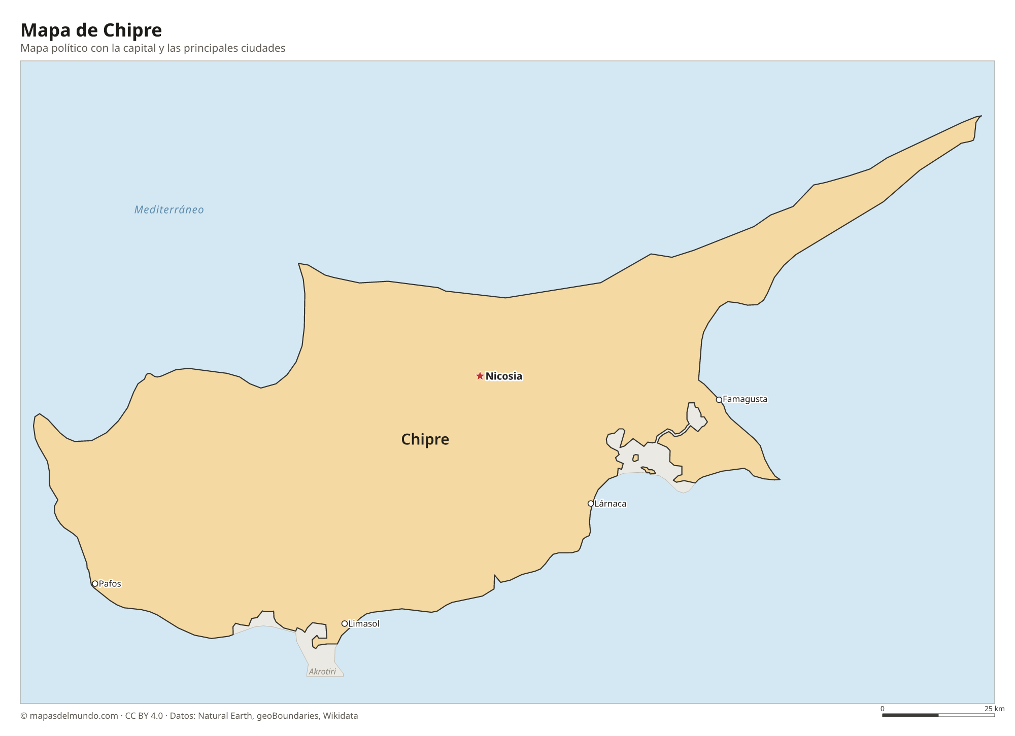 Mapa político de Chipre con la capital Nicosia