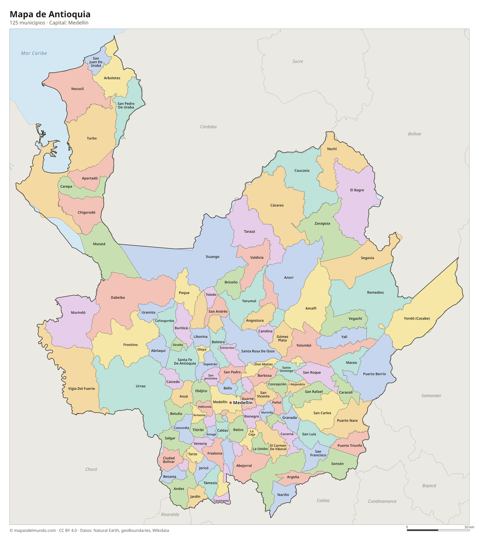 Mapa de Antioquia con sus 125 municipios