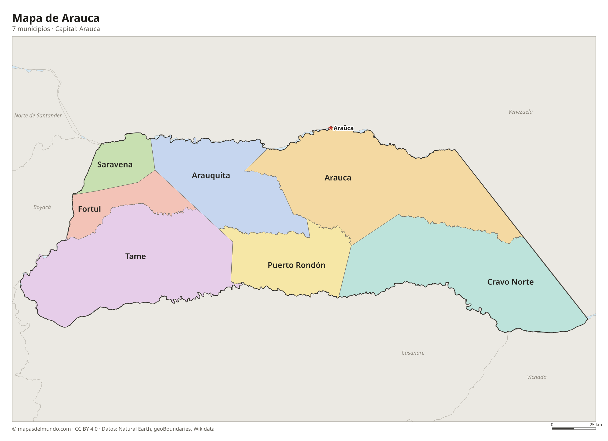 Mapa de Arauca con sus 7 municipios
