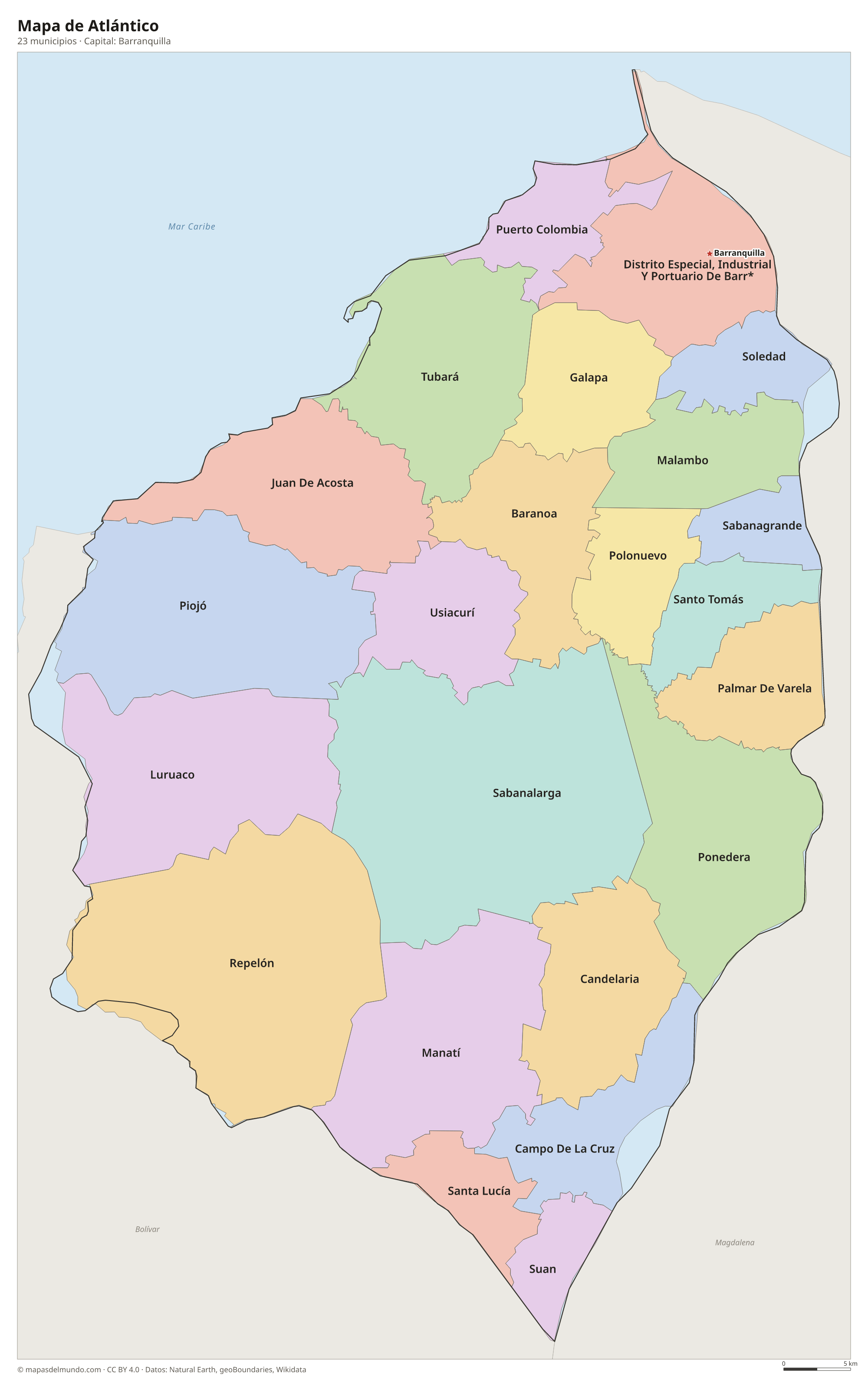 Mapa de Atlántico con sus 23 municipios
