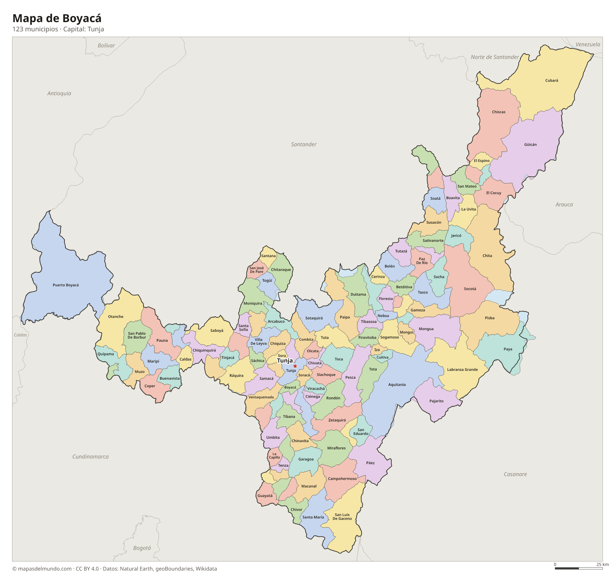 Mapa de Boyacá con sus 123 municipios