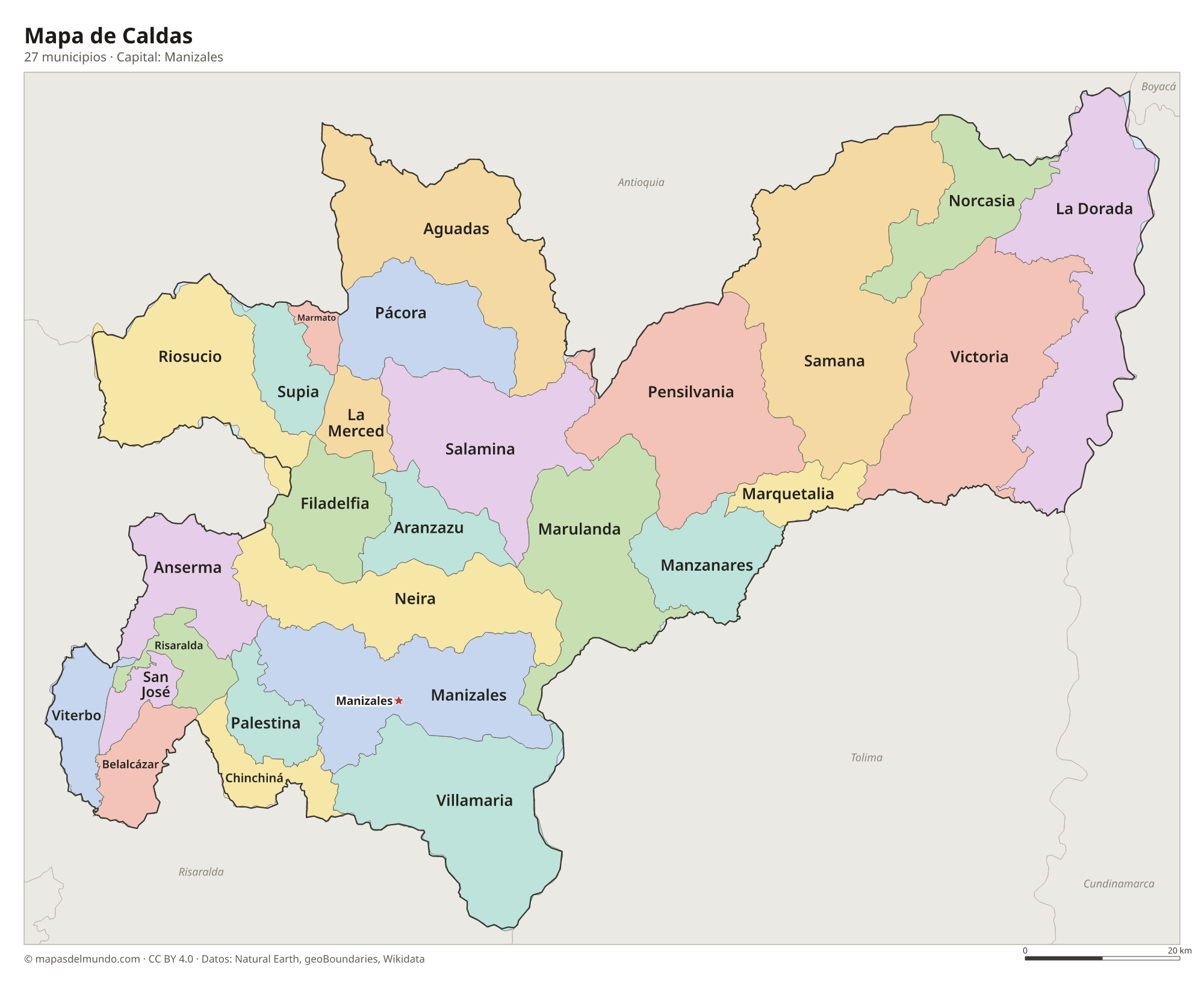 Mapa de Caldas con sus 27 municipios