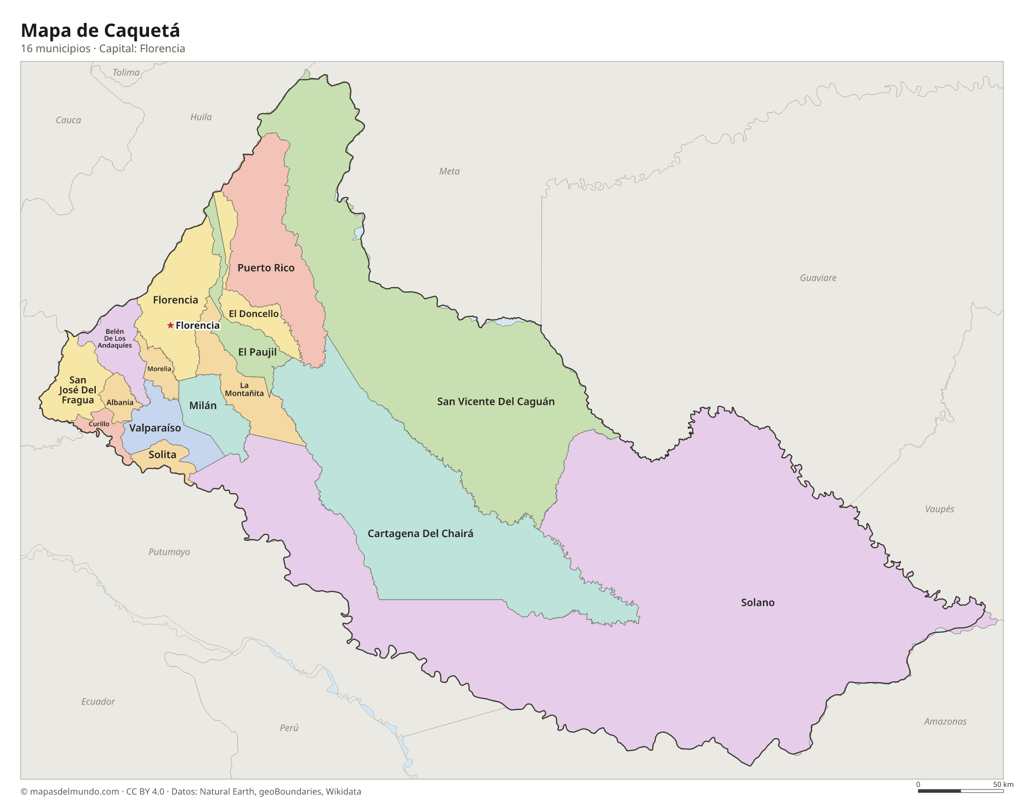 Mapa de Caquetá con sus 16 municipios