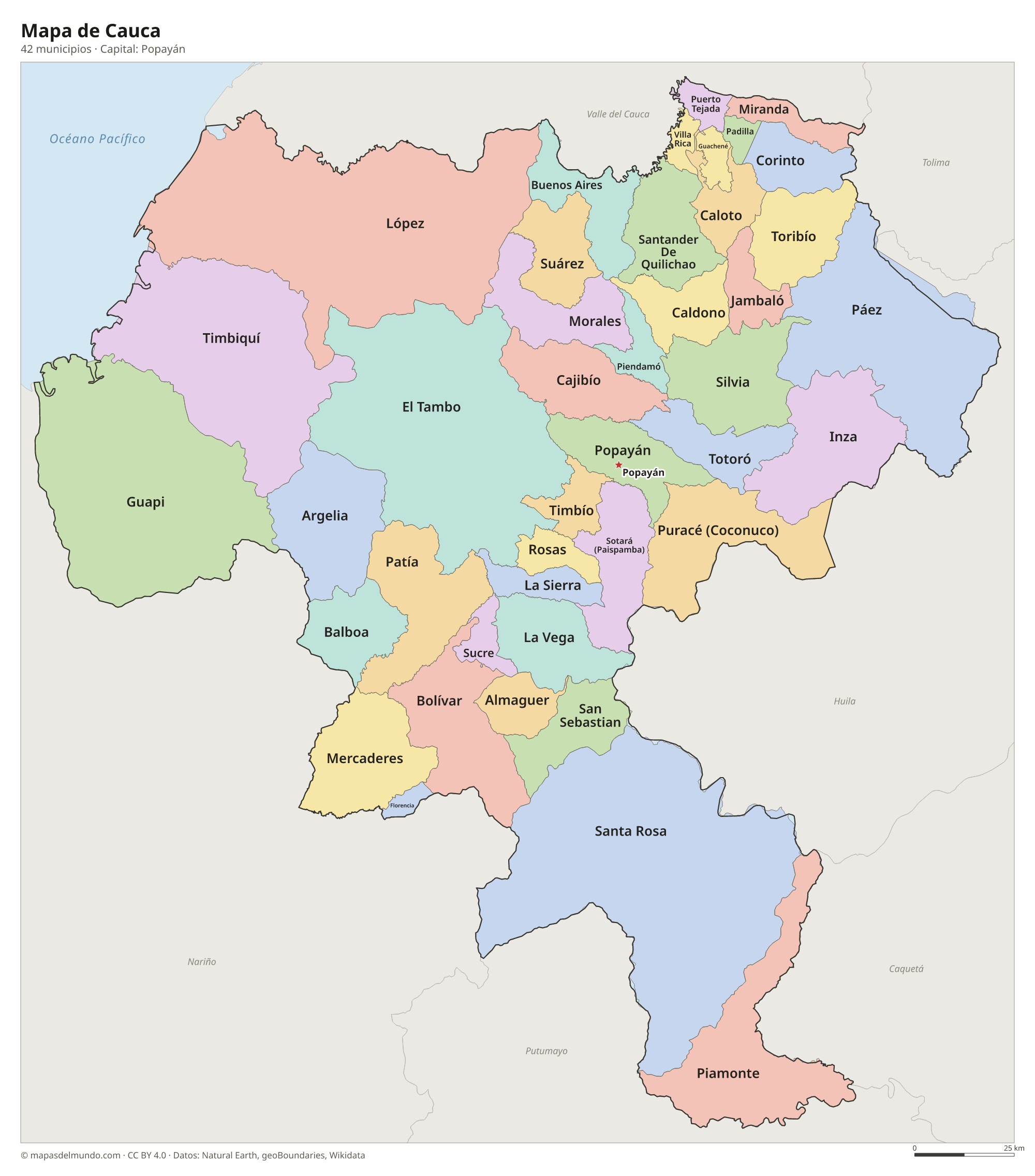 Mapa de Cauca con sus 42 municipios