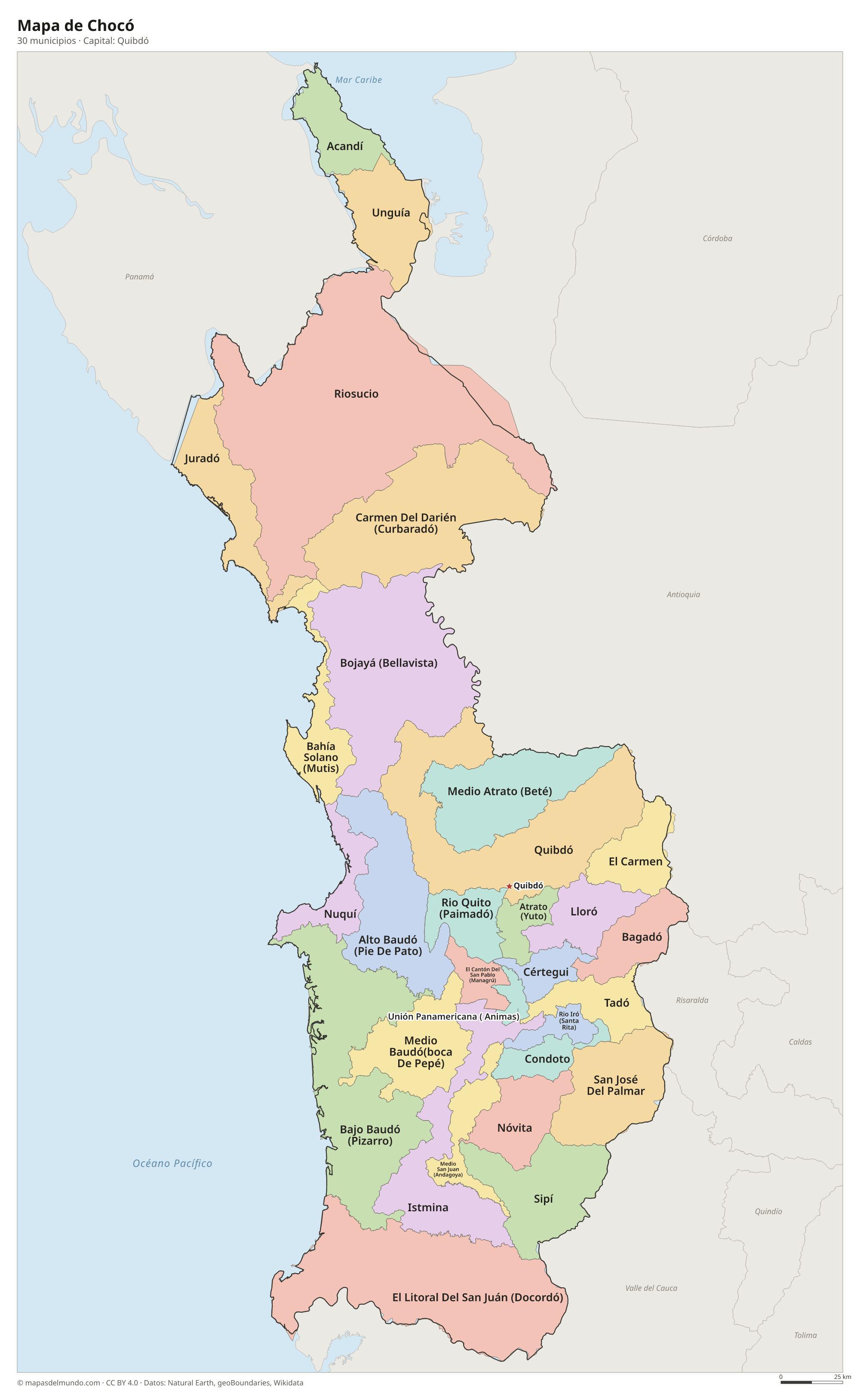 Mapa de Chocó con sus 30 municipios