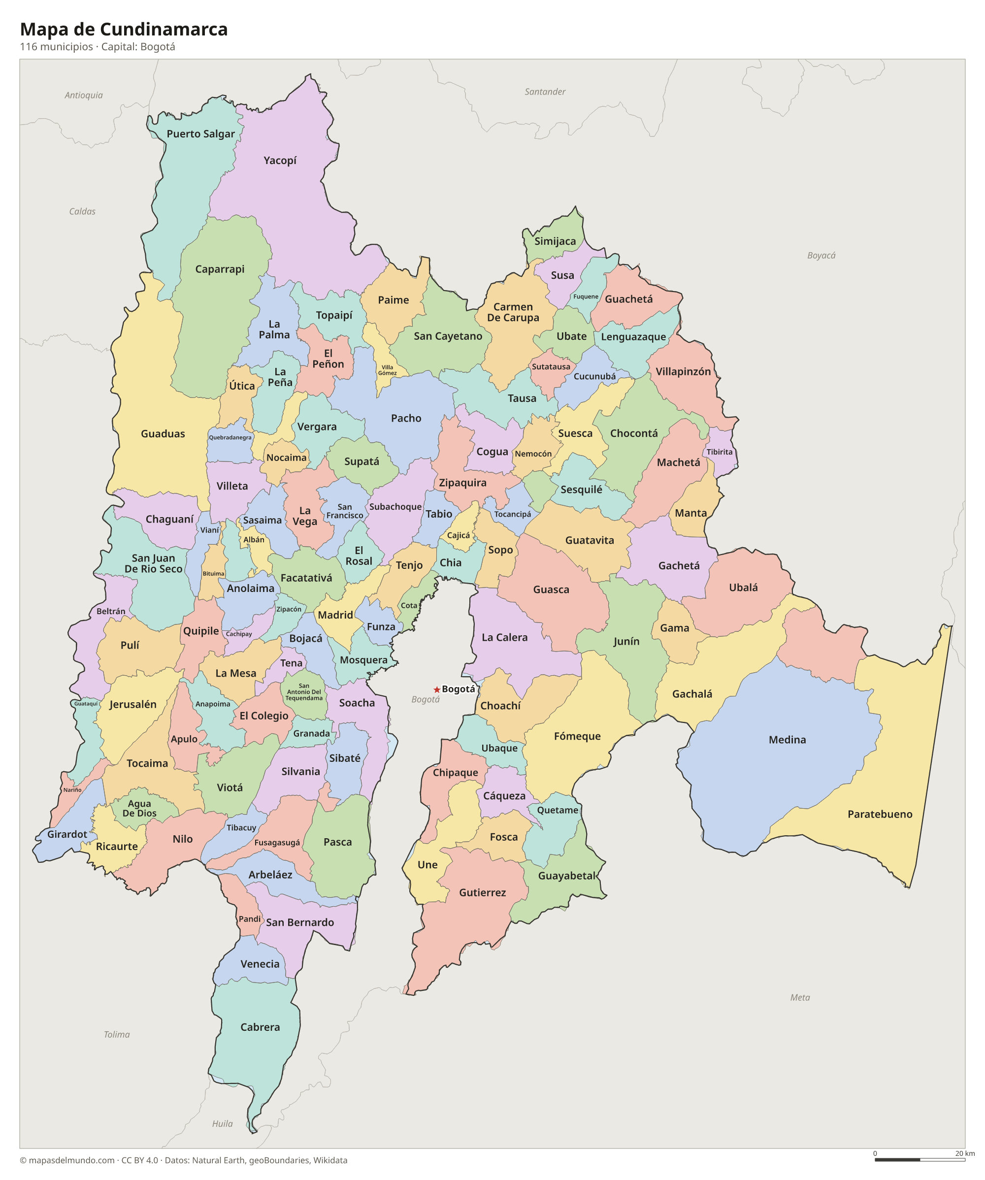Mapa de Cundinamarca con sus 116 municipios