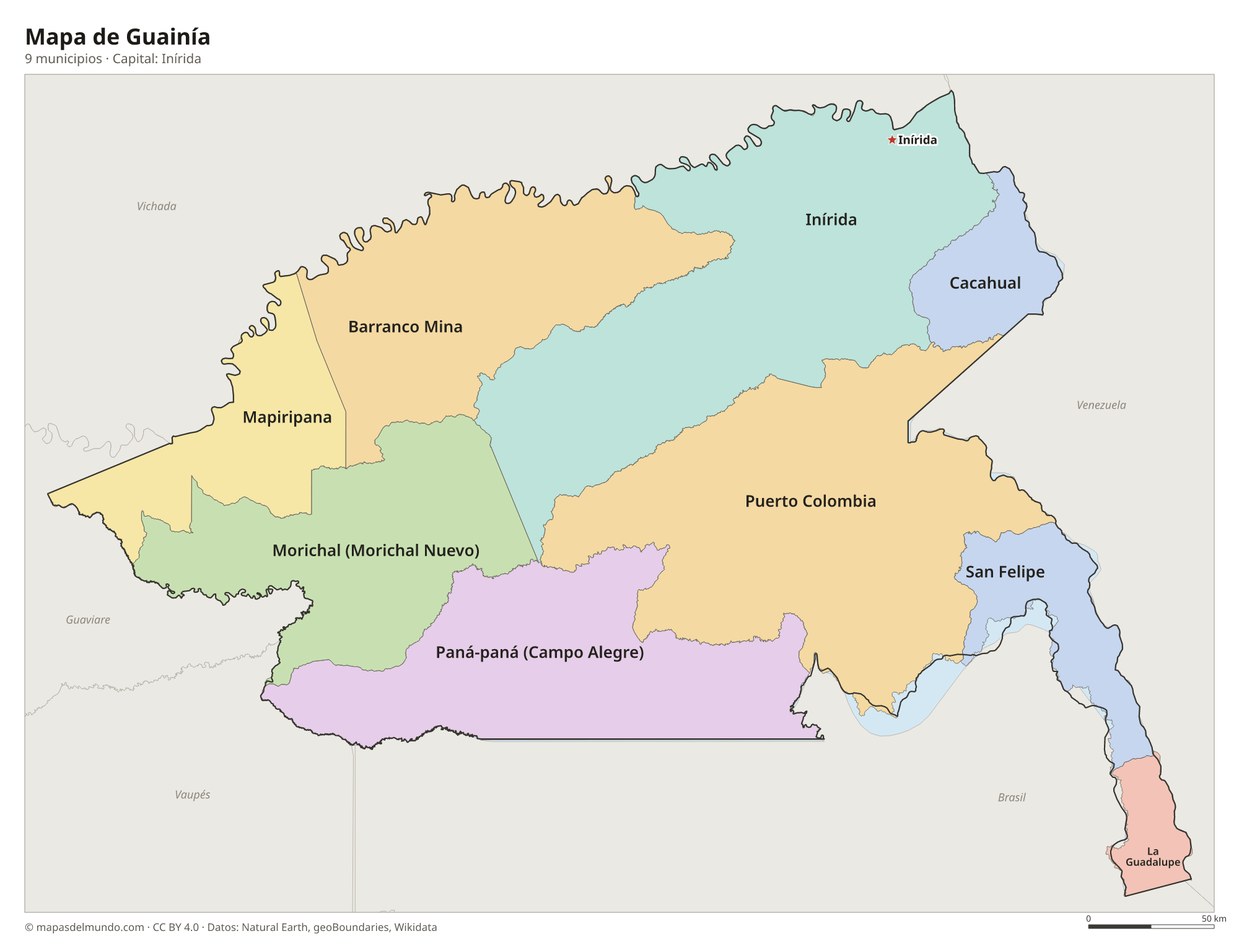 Mapa de Guainía con sus 9 municipios