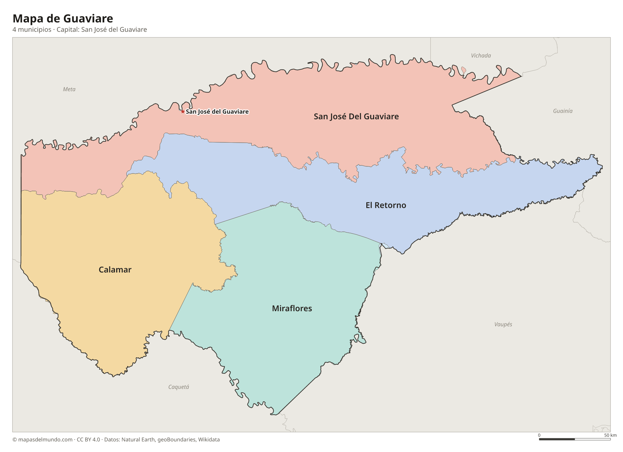 Mapa de Guaviare con sus 4 municipios