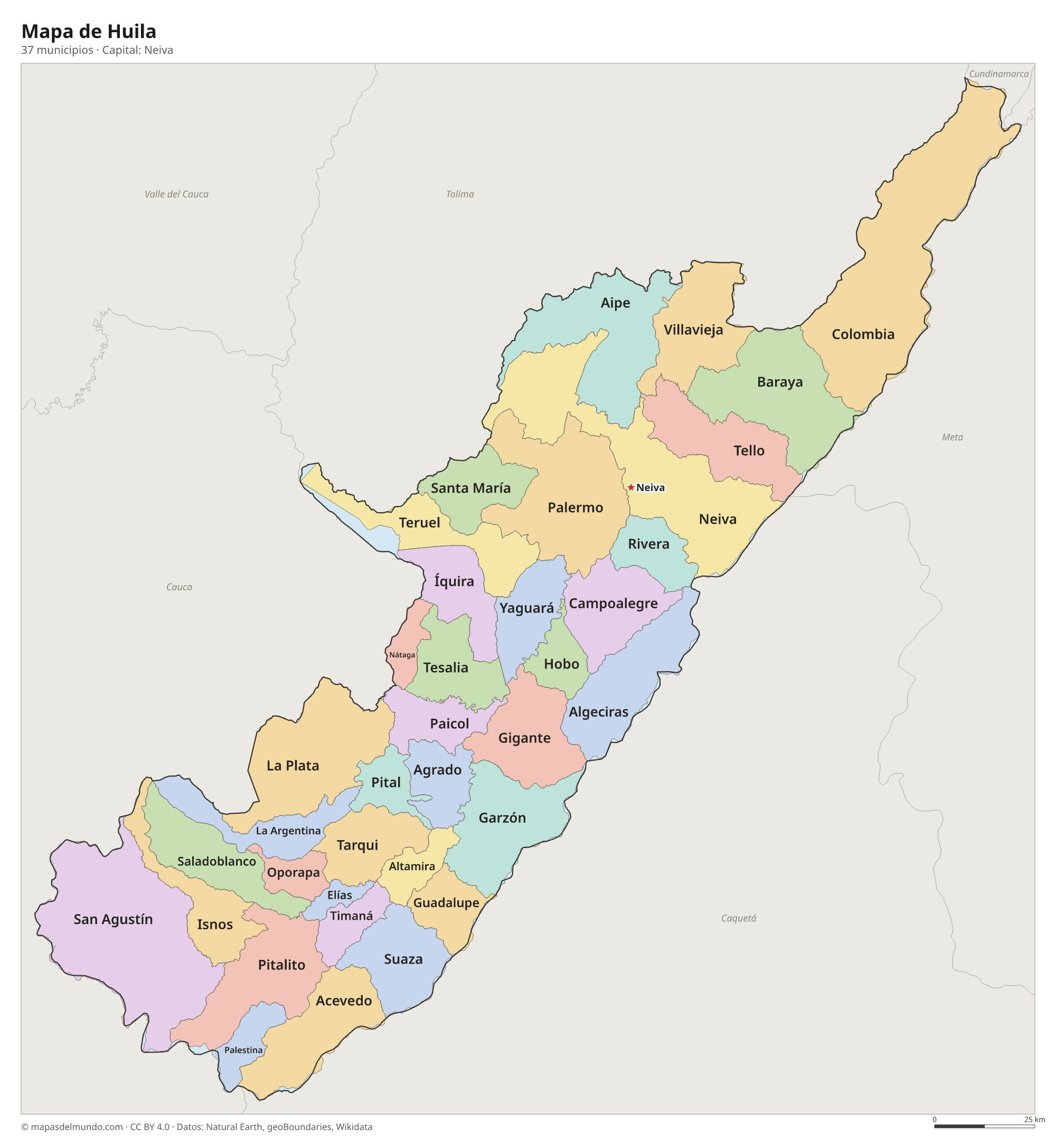 Mapa de Huila con sus 37 municipios