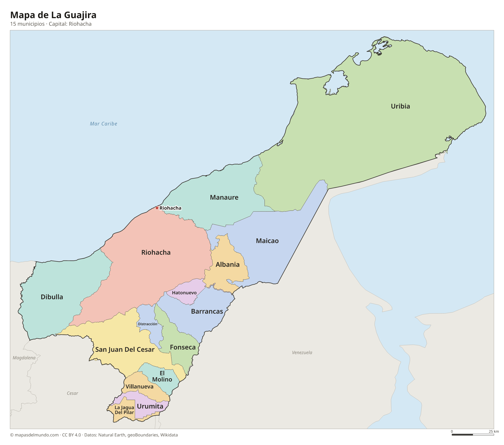 Mapa de La Guajira con sus 15 municipios