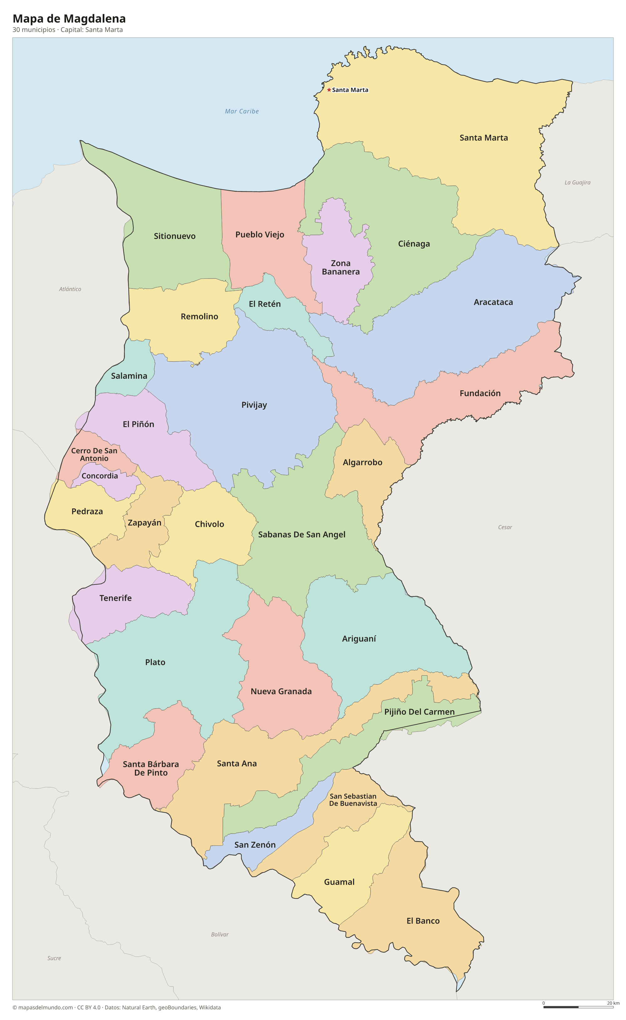 Mapa de Magdalena con sus 30 municipios