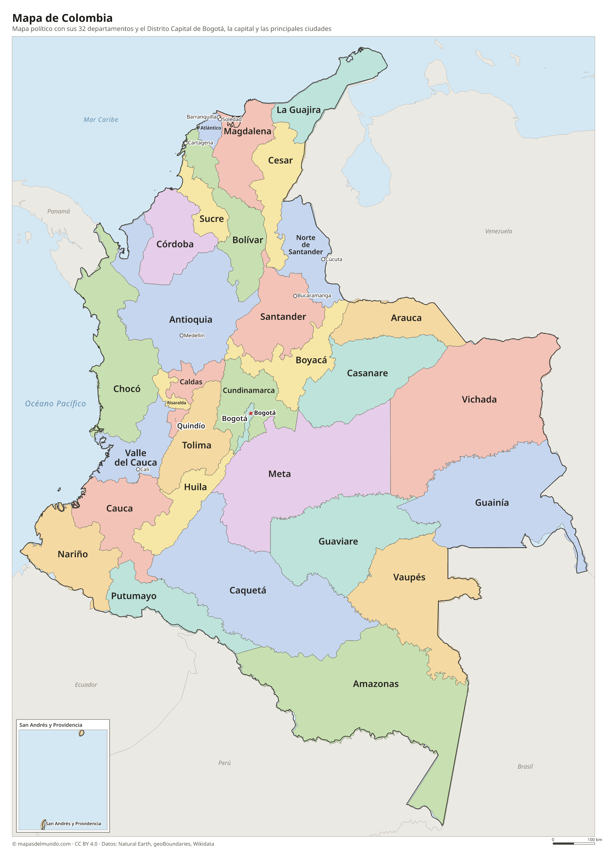 Mapa político de Colombia con sus departamentos y la capital Bogotá